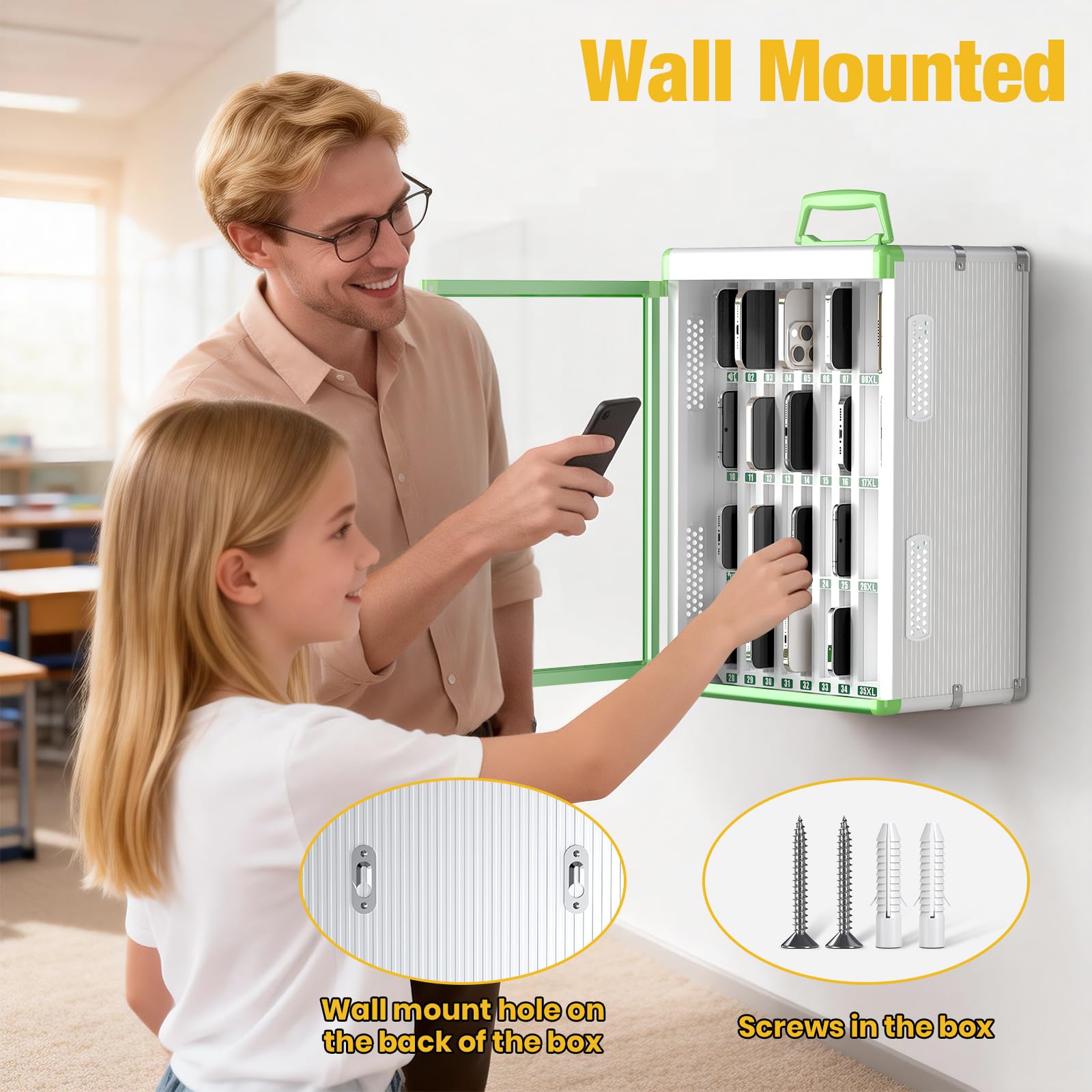 Glosen Cell Phone Locker 24 Slots, Portable Phone Storage Cabinet [Wall Mounted] [Silver 24 Slots-Universal Key ] Aluminum Alloy Cellphone Lock Box with Key & Handle for School Classroom Office Exam