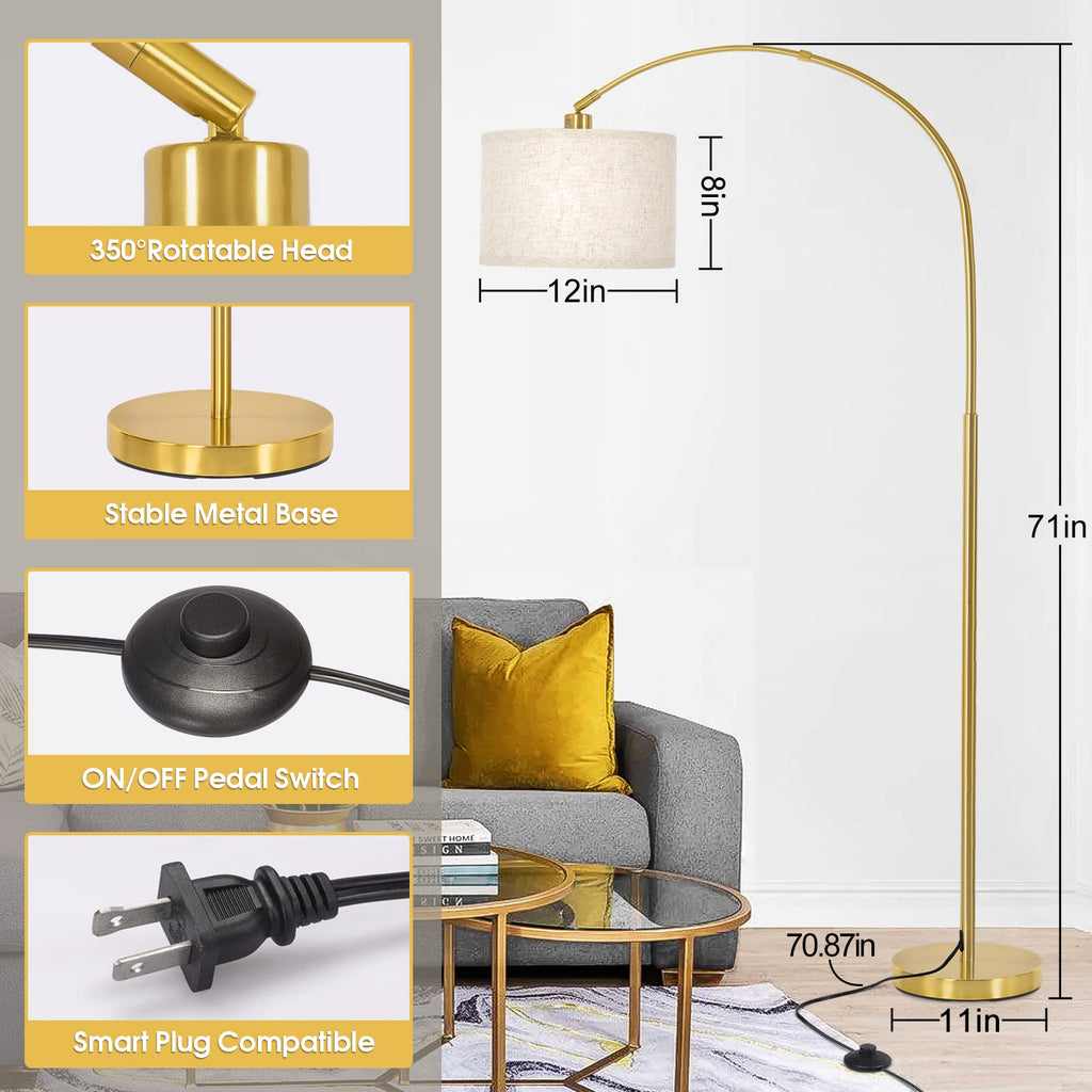 Rattan Floor Lamp, Arc Floor Lamps for Living Room, Farmhouse Standing Lamp with Adjustable Hanging Fabric Shade, Tall Pole Lamp with Foot Switch, Over Couch Arched Reading Light for Bedroom, Office