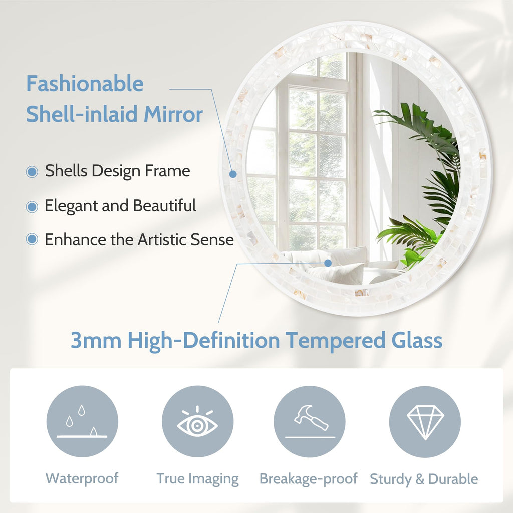 Tanmicoshomy Round Wall Mirror 24 Inch,Circle Mosaic Mirror with Natural Mother of Pearl and Wood Frame, Decorative Coastal Round Wall Mirror for Bathroom Bedroom Living Room Entryway