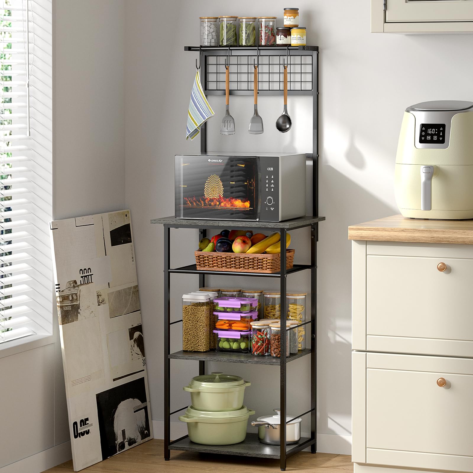 5 Tier Coffee Bar Station, Kitchen Stand with 4 S-Shaped Hooks, Farmhouse Corner Coffee Bar Cabinet for Small Spaces, Bakers Rack for Kitchen, Entryway, Living Room, 13.43"D x 18.93"W x 53.31"H