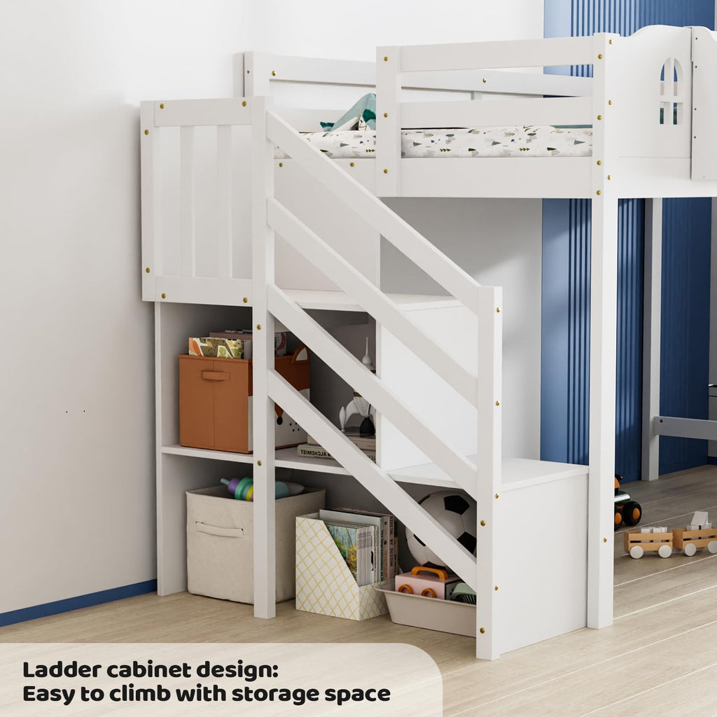 JOYMOR Low Loft Bed Twin Size with LED Lights, 4 Storage Shelves, Removable Curtain, Kids Wood Loft Bed with 15" H Safety Guardrail, Spave Saving, Mattress Not Included (Gray)