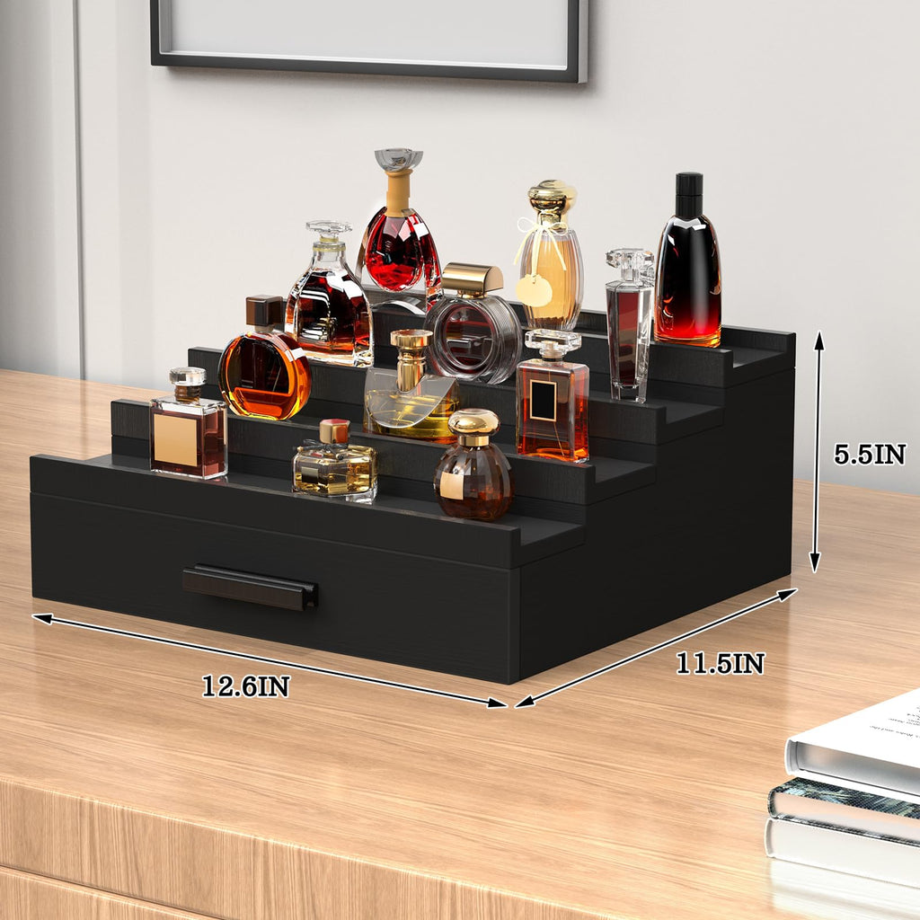 Wooden Cologne Organizer for Men 4 Tier of Perfume Display Holder of Drawer & 2 Hidden Compartments Larger Storage Space Mens Perfume Organizer Shelf Stand,Gift for Man (4T-Black Walnut)