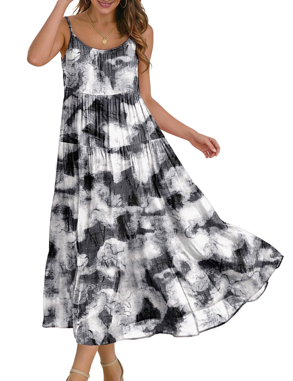 YESNO Summer Bohemian Floral Dresses for Women Spaghetti Straps Maxi Dress Casual Flowy Dresses with Pockets ES0