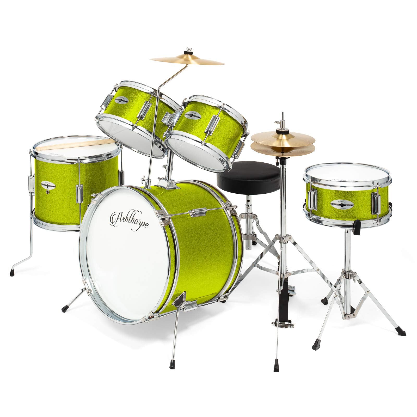 Ashthorpe 5-Piece Complete Kids Drum Set with Genuine Brass Cymbals - Junior Beginner Kit with 16" Bass, Throne, Hi-Hats, Pedals & Drumsticks - Black