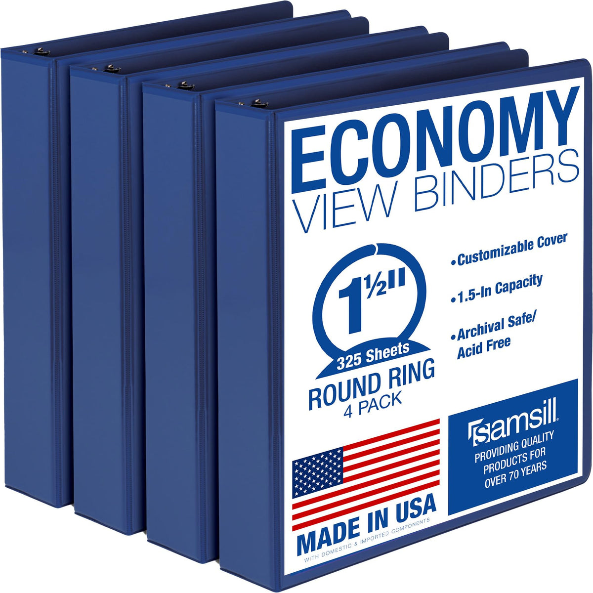 Samsill 1 Inch 3 Ring Binders, Economy Round Ring, Clear View Cover, 200 Sheet Capacity - for School, Home, Office - Blue, 4 Pack