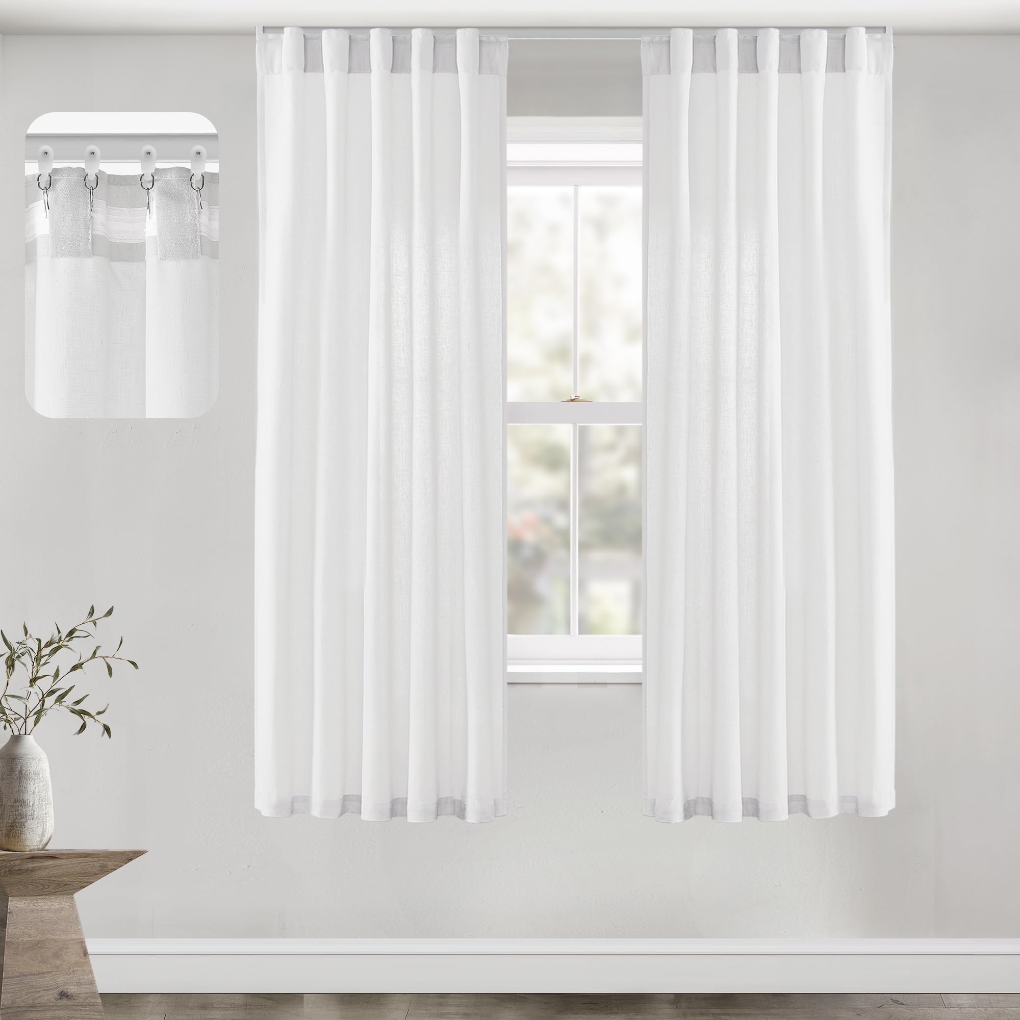 Black Linen Cotton Blend Sheer Curtains, Moody Light Filtering Drapes for Dark Academia Inspired Study Bedroom Living Room, 84 Inch Long 2 Panels Set