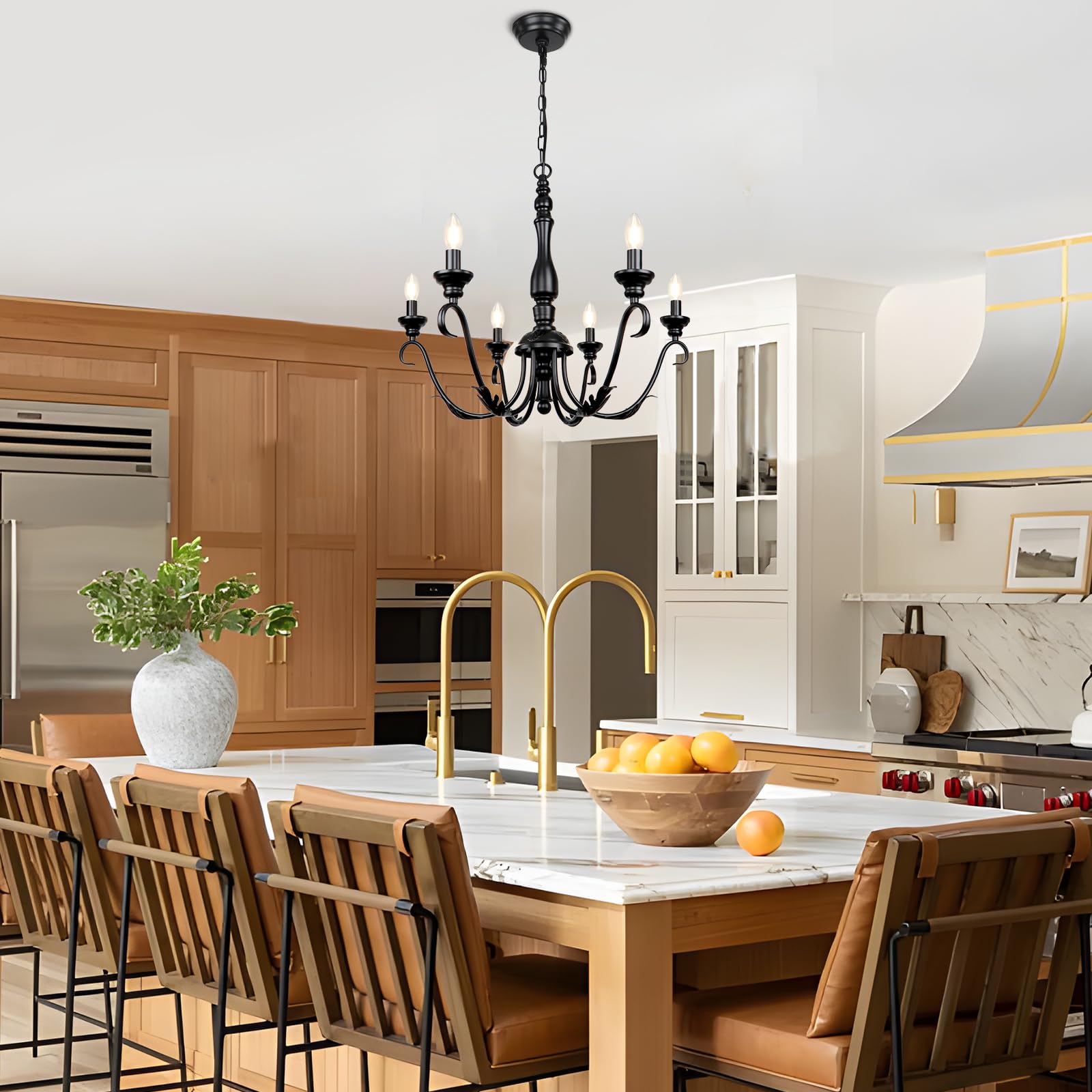 6-Light Farmhouse Chandeliers for Dining Room, 23.62'' Vintage Brass Gold Chandelier, Adjustable Rustic Metal Hanging Pendant Light Fixture for Kitchen Island Entryway Foyer Bedroom Hallway