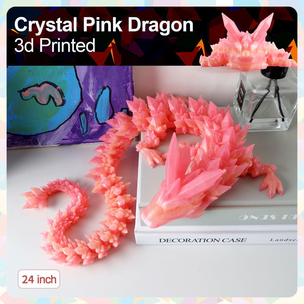 24" Large 3D Printed Dragon - Huge Articulated Crystal Dragon Fidget Toy, Giant Flexible 3D Dragon Figure, Birthday Gift for Boys Girls Kids & Collectors, Home Office Executive Desk Decor