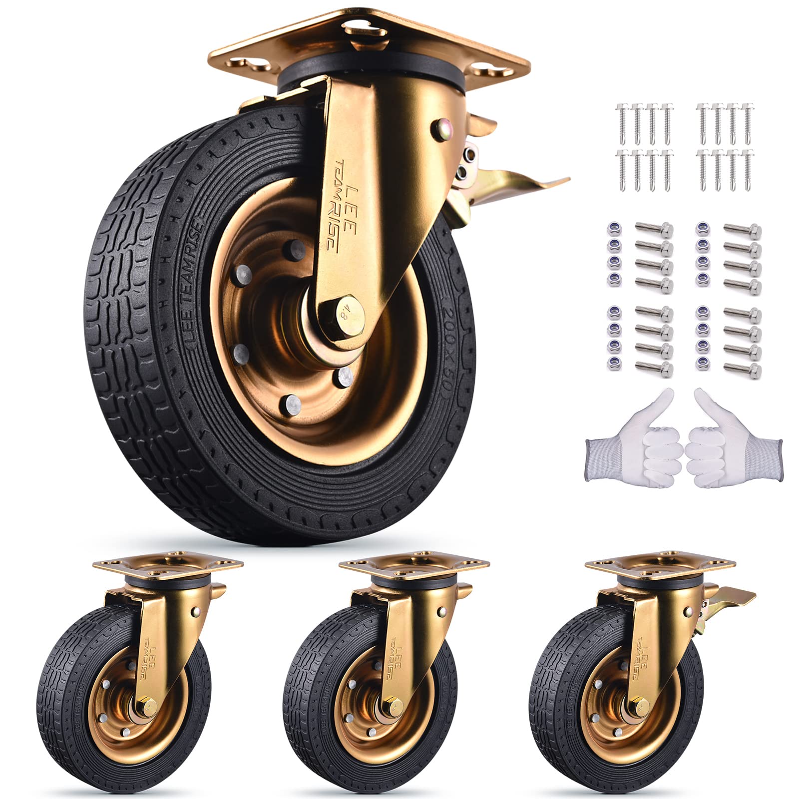 Caster Wheels Solid Rubber Heavy Duty Casters Set of 4 with Brake 3200Lbs 8 Inch Industrial 360-Degree Swivel Top Plate Castors Wheels for Furniture and Workbench Cart(Two Hardware Kits Include)