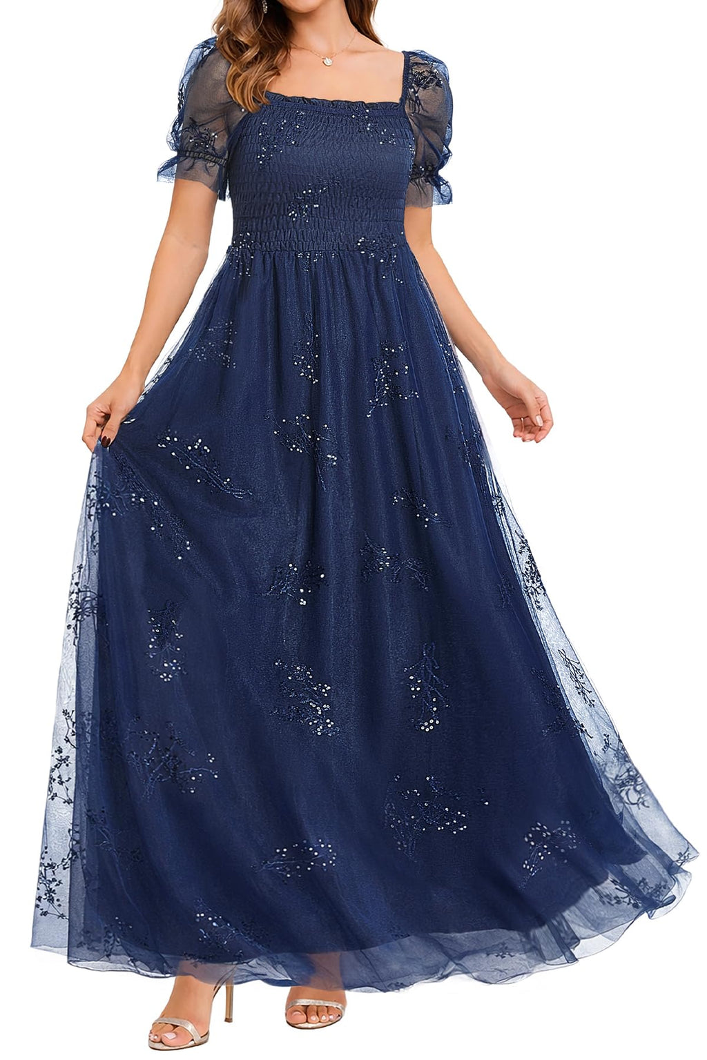 Plus Size Formal Dresses - Bridesmaid Leaf Embroidery with Sequin Tulle Prom Long Dress