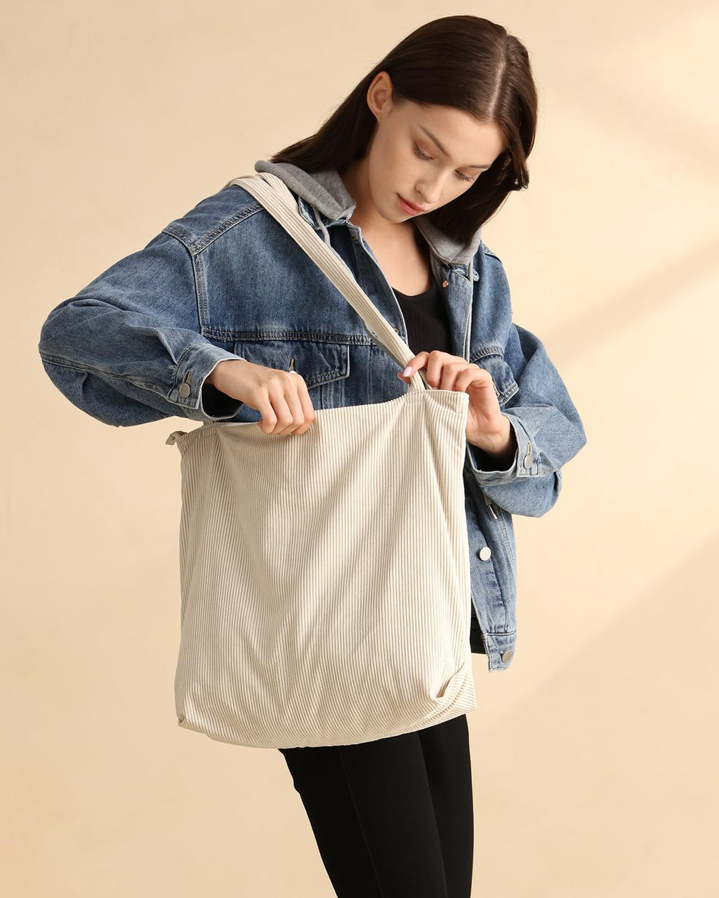 Iioscre Corduroy Tote Bag for Women,Hobo HandBags with Zipper,Large Capacity Casual Shoulder Handbags with Inner Pockets