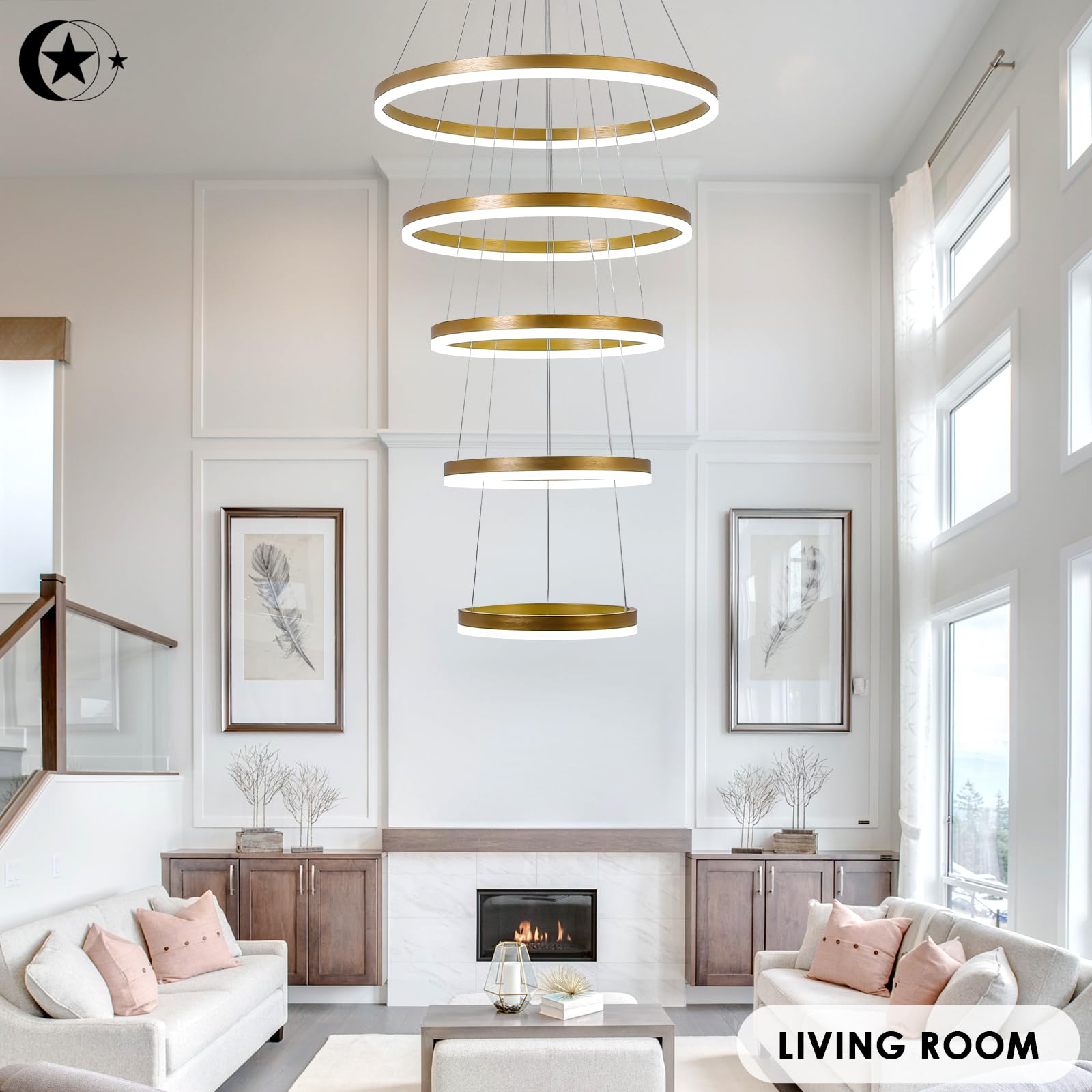 5-Rings Modern LED Chandelier Black Dimmable High Ceiling Chandelier for Dining Room with Remote Control for Foyer Living Room Entryway Staircase(D23.6’’, 3000K-6500K)