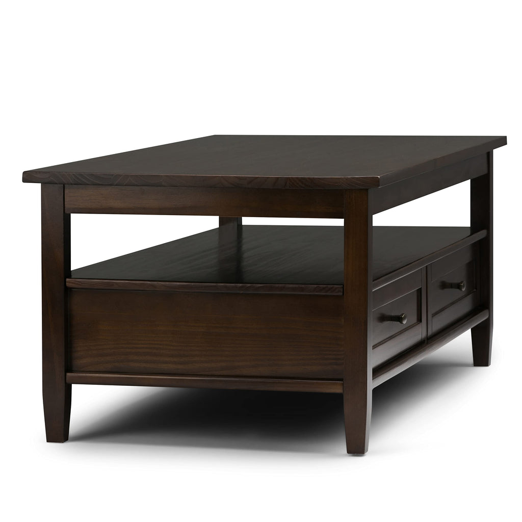 SIMPLIHOME Warm Shaker Coffee Table - 48 inch Wide Solid Wood Coffee Table in Black, Transitional Living Room Table with 2 Drawers, Open Shelf, Shaker Fronts and Tapered Legs