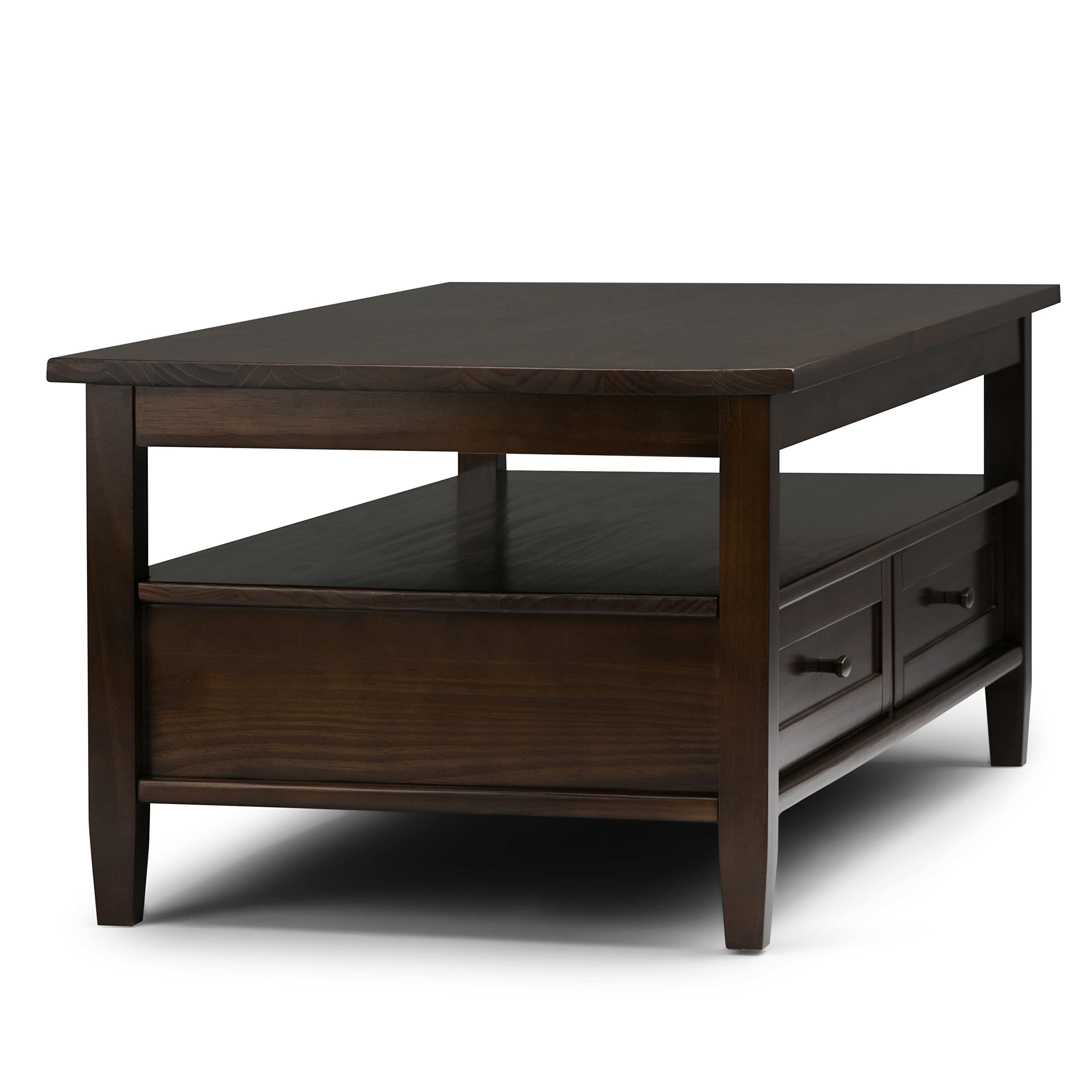 SIMPLIHOME Warm Shaker Coffee Table - 48 inch Wide Solid Wood Coffee Table in Black, Transitional Living Room Table with 2 Drawers, Open Shelf, Shaker Fronts and Tapered Legs