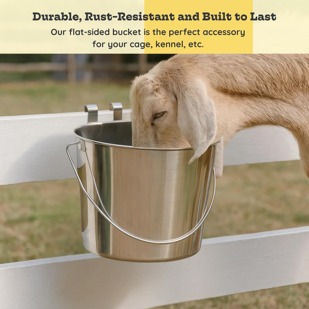 1 quart Stainless Steel Flat Sided Bucket with Dual Hooks | 0.25 gal Durable Food & Water Bowl for Dog Cat Bird & Small Animals | Fits kennel Cage Critter Crate | Hanging Utility Pet Pail