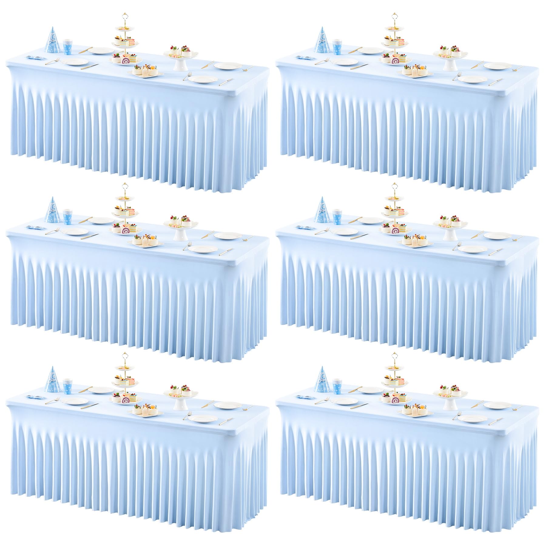 1 Pack Baby Blue Table Clothes for 4 Foot Rectangle Tables, One-Piece Wrinkle Resistant Stretch Spandex Table Covers with Skirt for Event Banquet Wedding Birthday Party