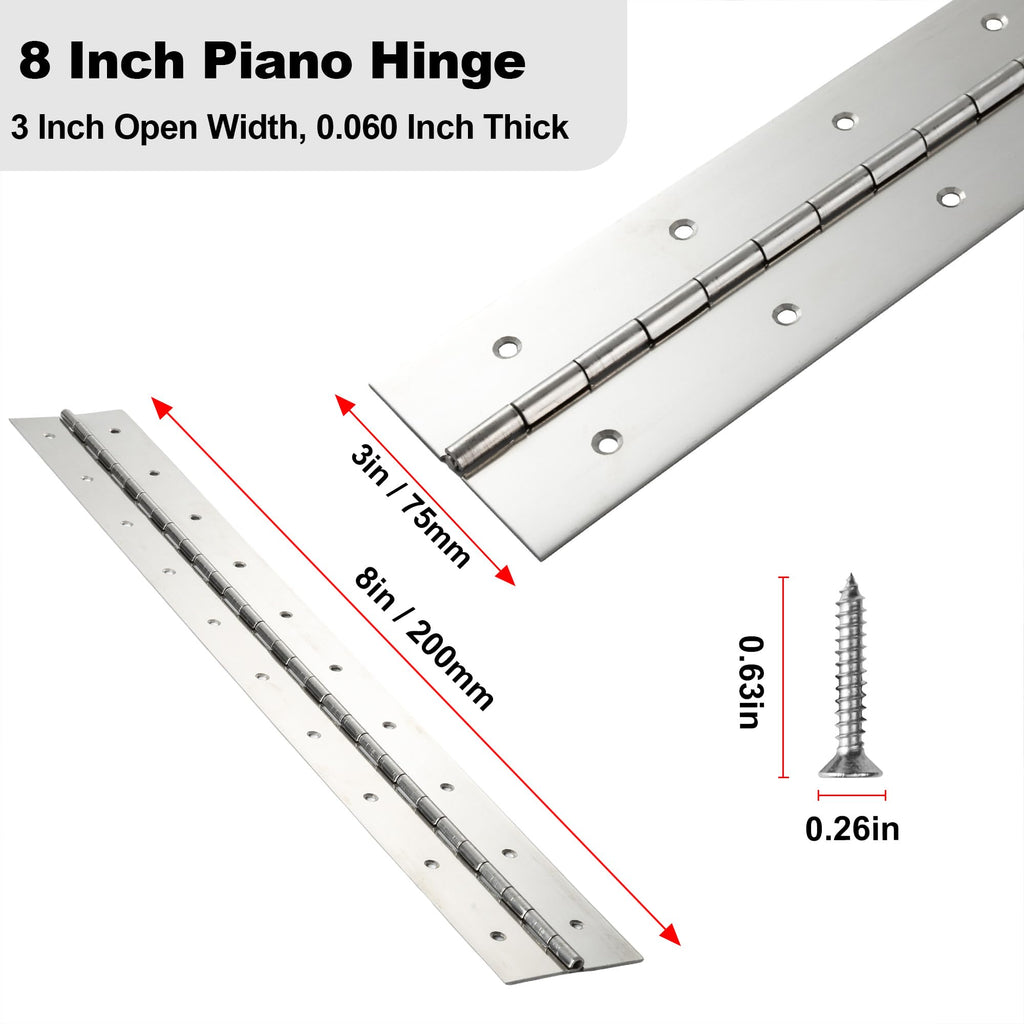 2 Pcs Heavy Duty Piano Hinge 8 Inch x 3 Inch Width, True 0.060'' Thick Stainless Steel Piano Hinge for Heavy Duty Cabinet, Door, Toolbox, Wooden Box, Metal Plate, Furniture, Industrial Project