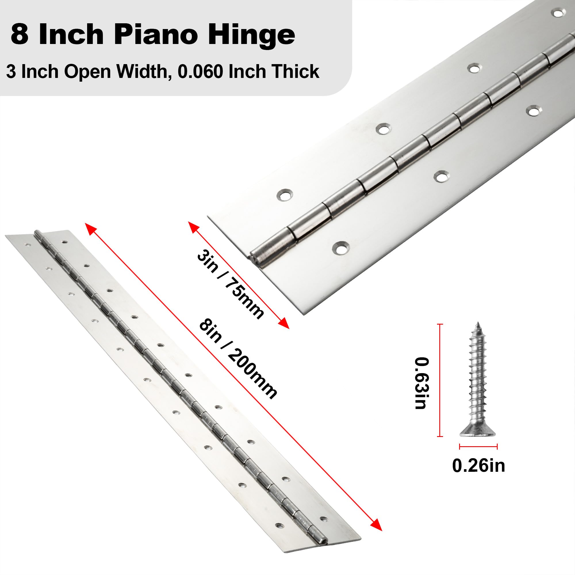 2 Pcs Heavy Duty Piano Hinge 8 Inch x 3 Inch Width, True 0.060'' Thick Stainless Steel Piano Hinge for Heavy Duty Cabinet, Door, Toolbox, Wooden Box, Metal Plate, Furniture, Industrial Project
