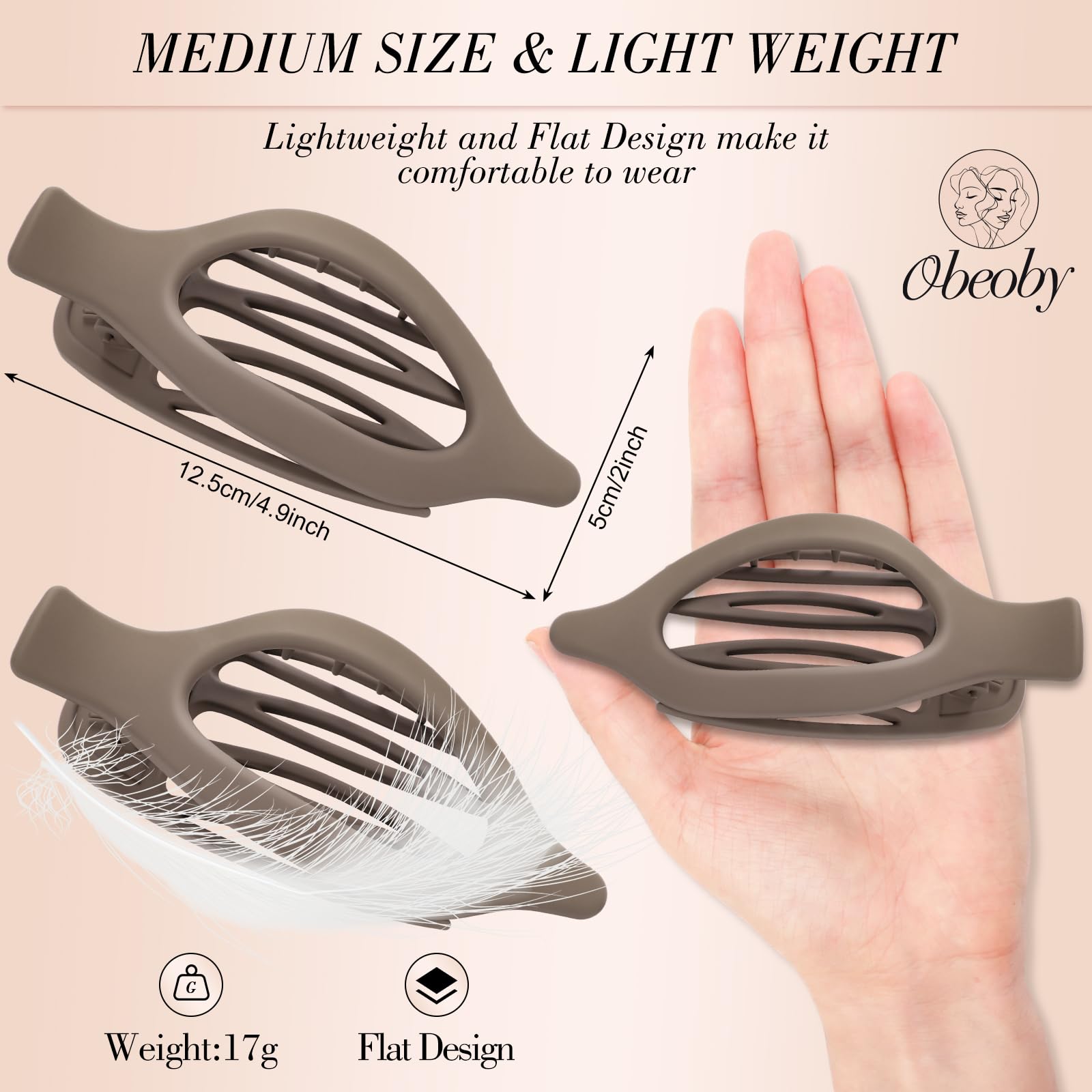 Obeoby 8 Pcs Flat Claw Clips for Women, Strong Hold French Flat Hair Clips for Thick Thin Hair Barrettes Accessories Round Large Medium (Tortoiseshell)