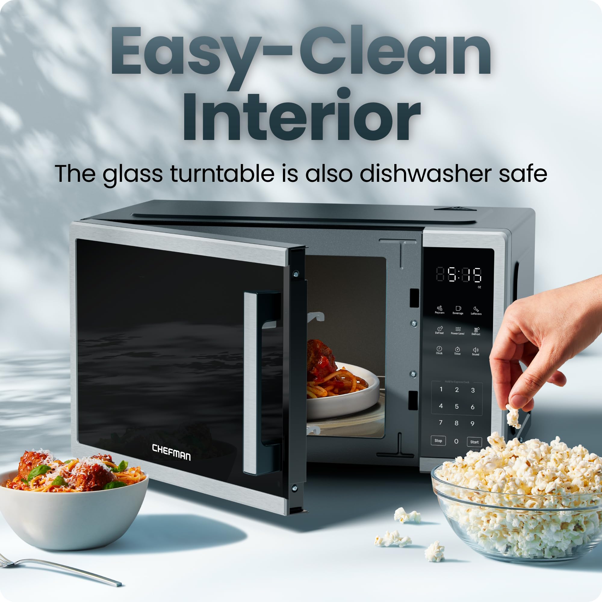 Chefman Compact Countertop Microwave Oven 0.7 Cu. Ft., 700W with 10 Power Levels, 3 Cooking Presets with One-Touch Express Cook, 2 Defrost Settings, Child Safety Lock, & Mute Button – Stainless Steel