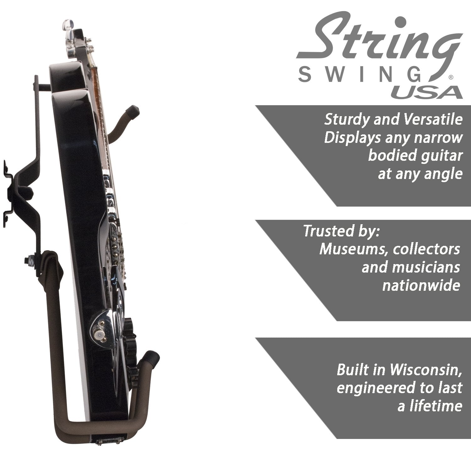 String Swing Guitar Holder Low-Profile Wide-Body for Horizontal Flat Wall Mount - 1 Piece Unit CC151-LPW-FW