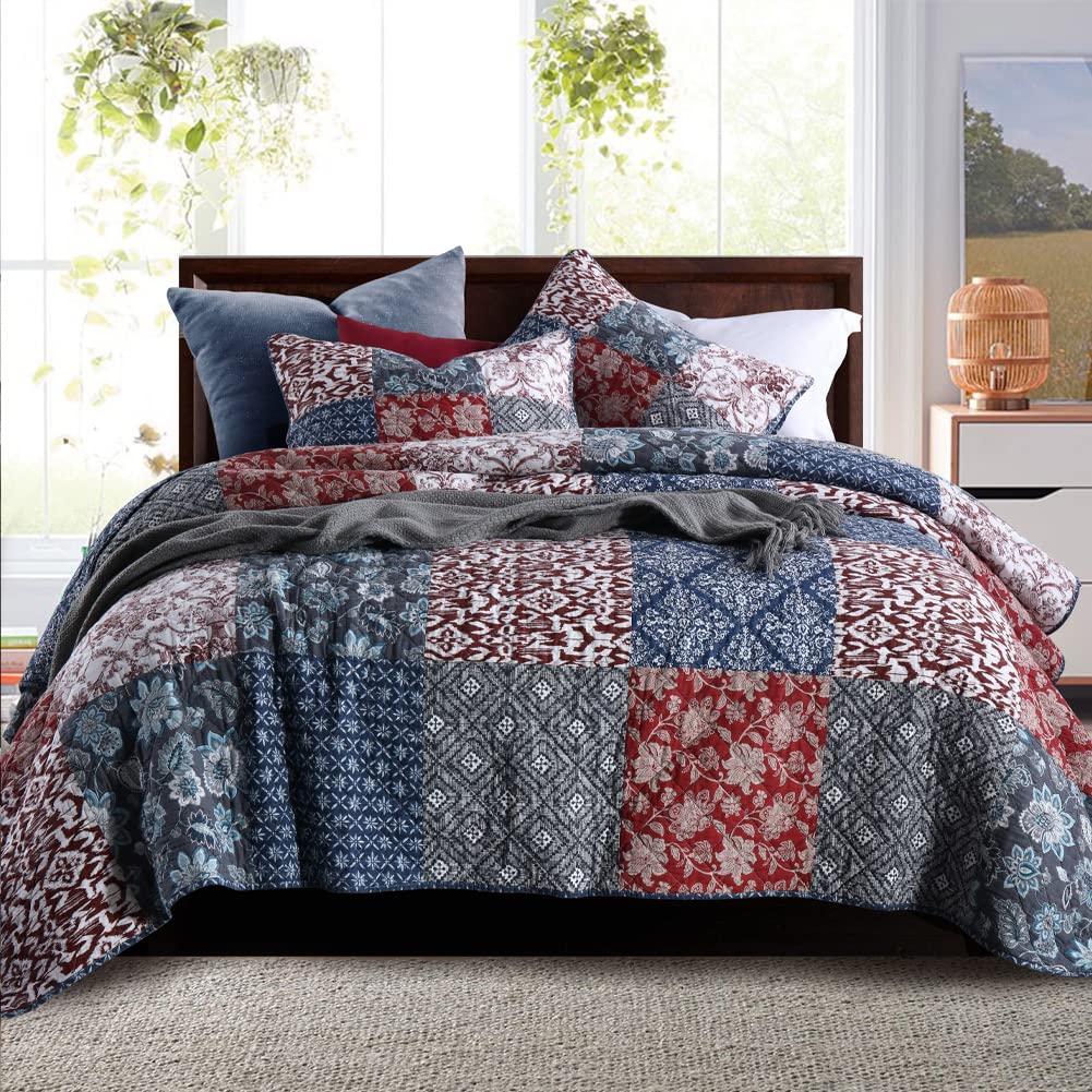 Secgo Twin Comforter Set for Bed - 100% Cotton Quilts Twin Size, Black Bedspreads with 2 Pillow Shams, Patchwork Reversible Lightweight Bedding