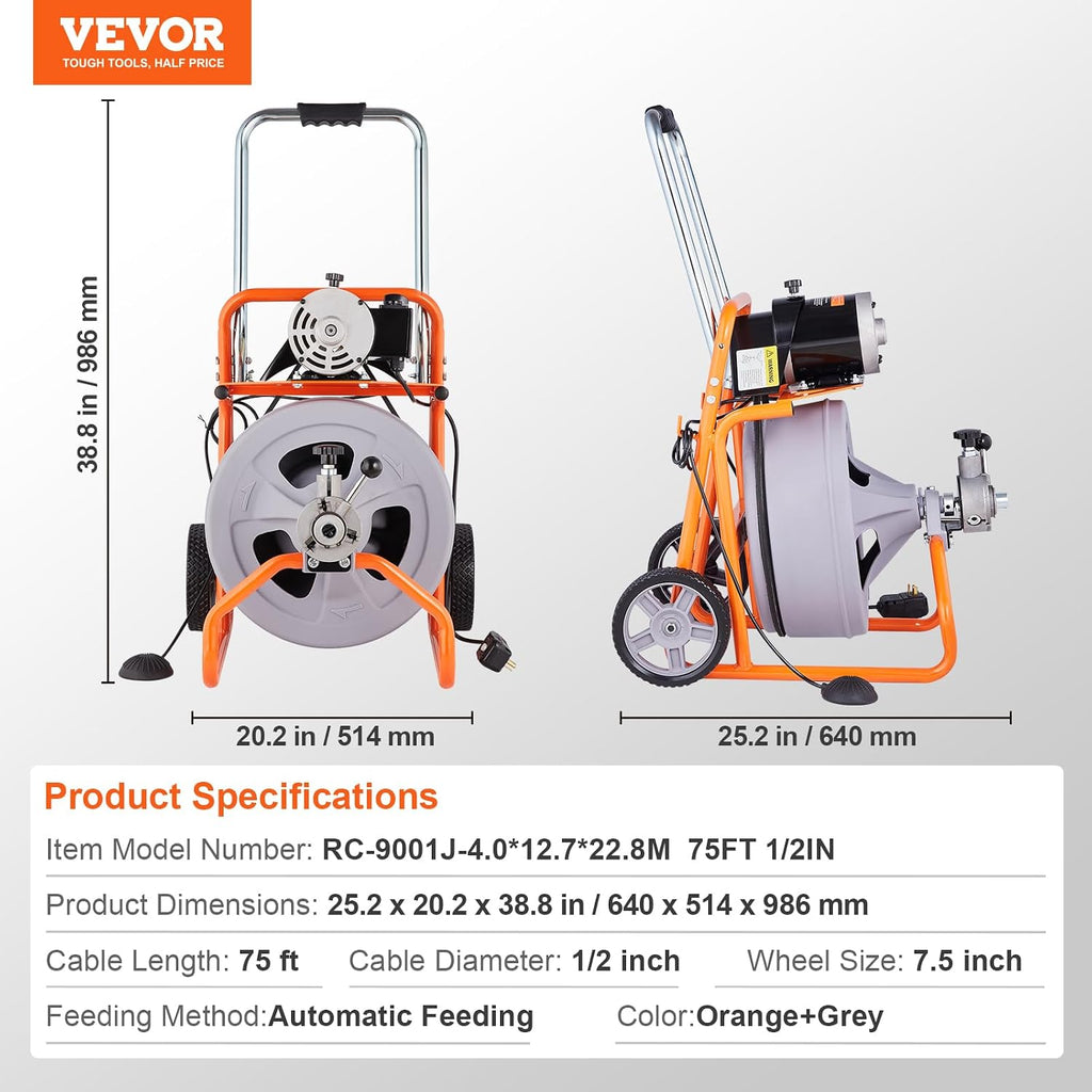 VEVOR Drain Cleaner Machine 75FT x 1/2 Inch, Auto Feed Sewer Snake Drain Auger on Wheels, Portable Drain Cleaning Machine with 8 Cutters & Air-activated Foot Switch for 2" to 4" Pipes