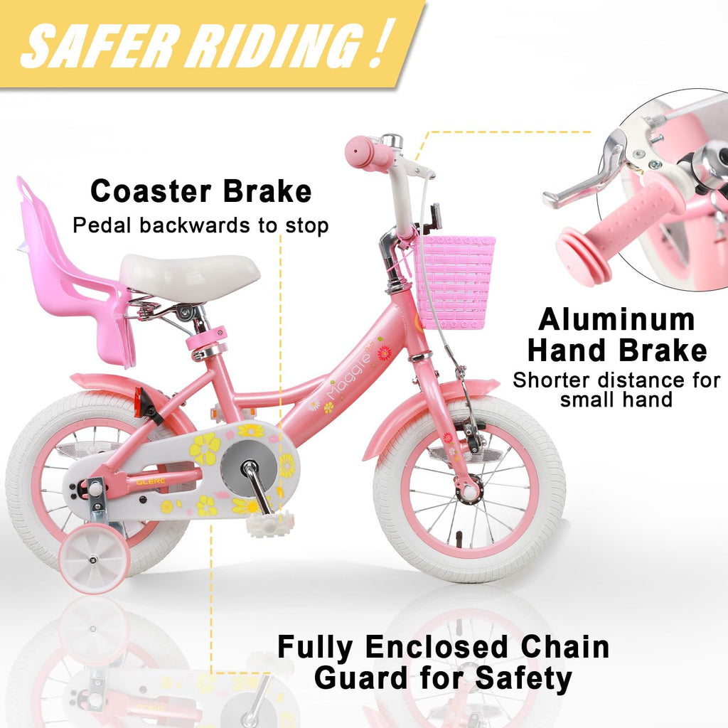 Glerc Maggie Girls Bike, 12-20 Inch Kids Bike for 2-13 Years Old Children, Princess Style Kids Bicycle with Doll-Seat & Basket & Training Wheels, Multiple Colors