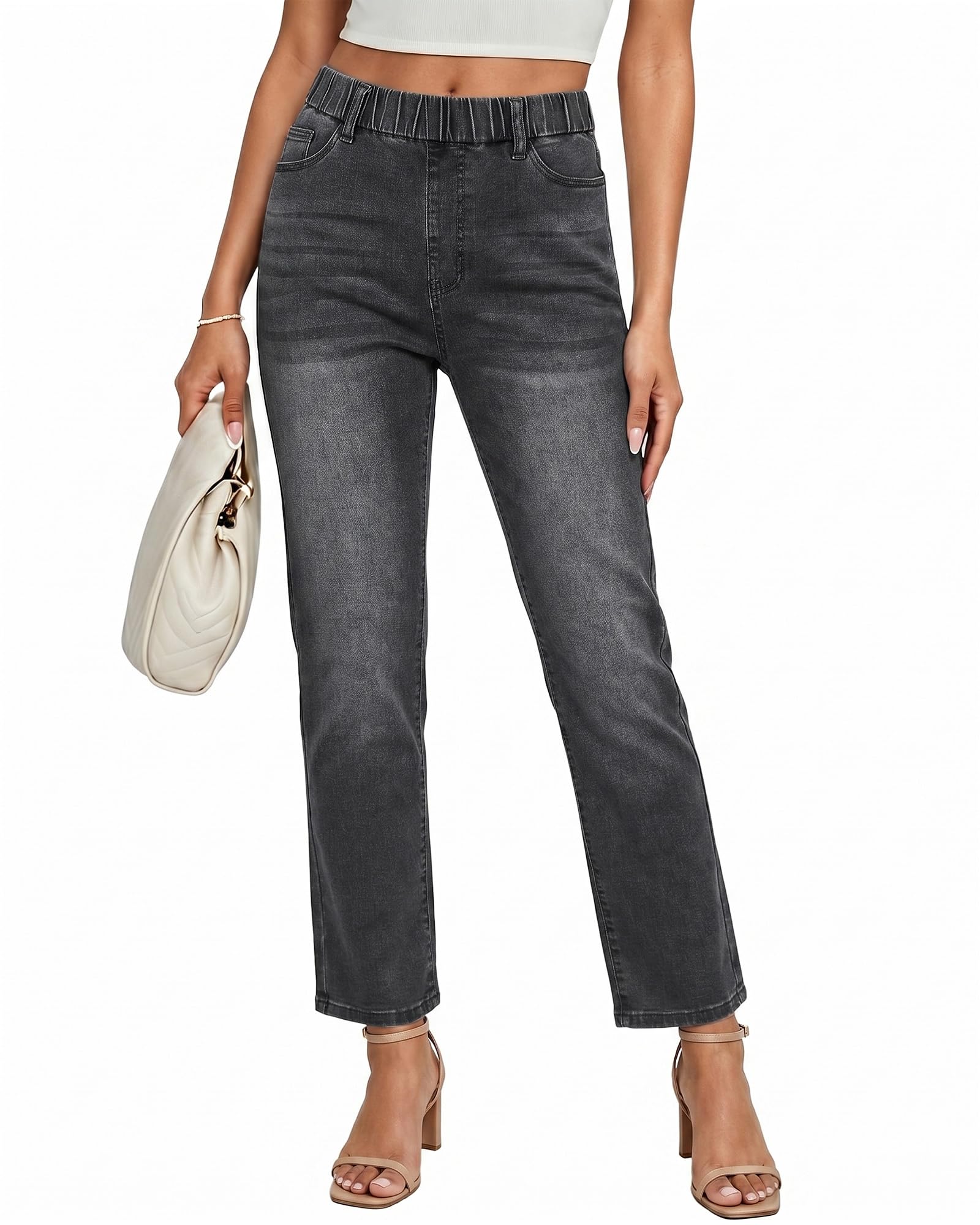 GRAPENT Straight Leg Jeans for Women Trendy Pull On High Waisted Cropped Elastic Waist Stretchy Denim Pants Ankle Jeans