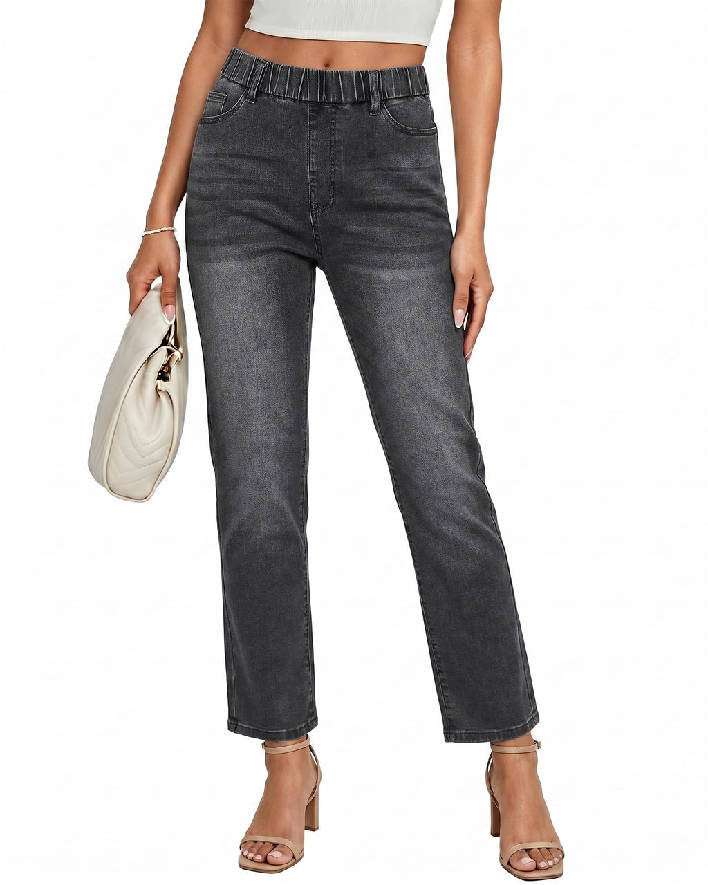 GRAPENT Straight Leg Jeans for Women Trendy Pull On High Waisted Cropped Elastic Waist Stretchy Denim Pants Ankle Jeans
