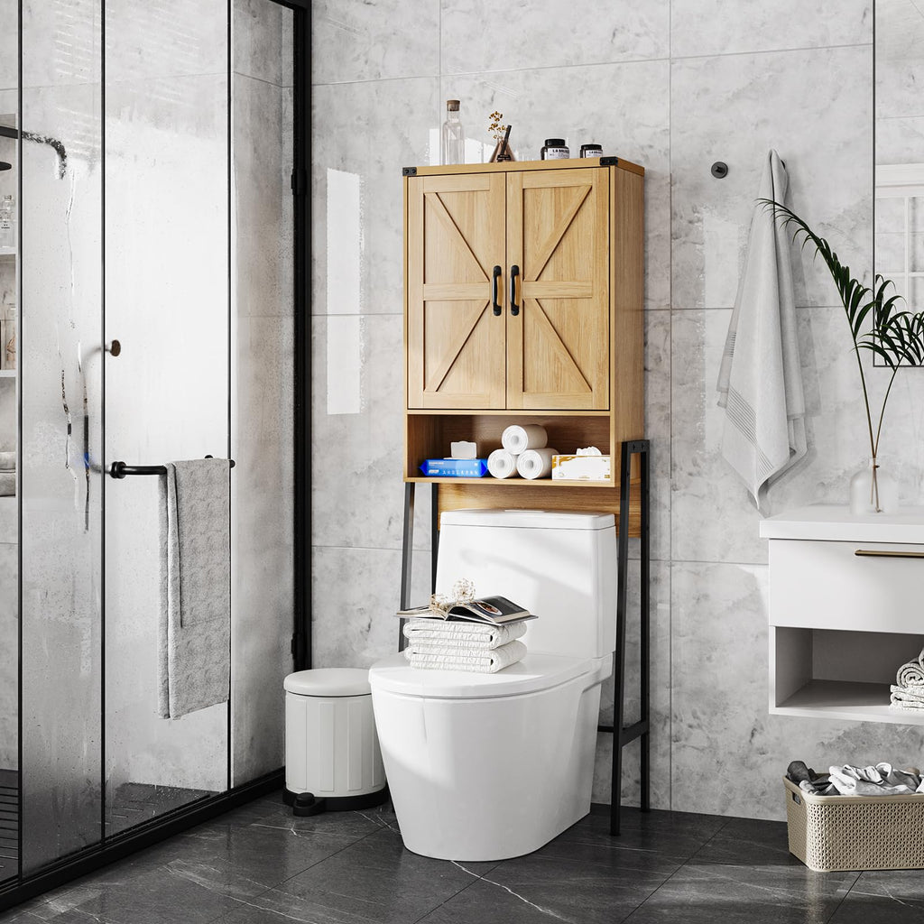 Vabches Over The Toilet Storage Cabinet with 2-Door Design Bathroom Organizers and Storage with Anti-Tip Device Over Toilet Organizer with Shelves for Bathroom,Restroom,Laundry Black