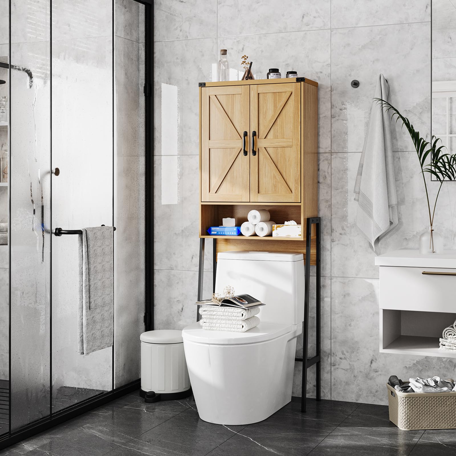 Vabches Over The Toilet Storage Cabinet with 2-Door Design Bathroom Organizers and Storage with Anti-Tip Device Over Toilet Organizer with Shelves for Bathroom,Restroom,Laundry Black