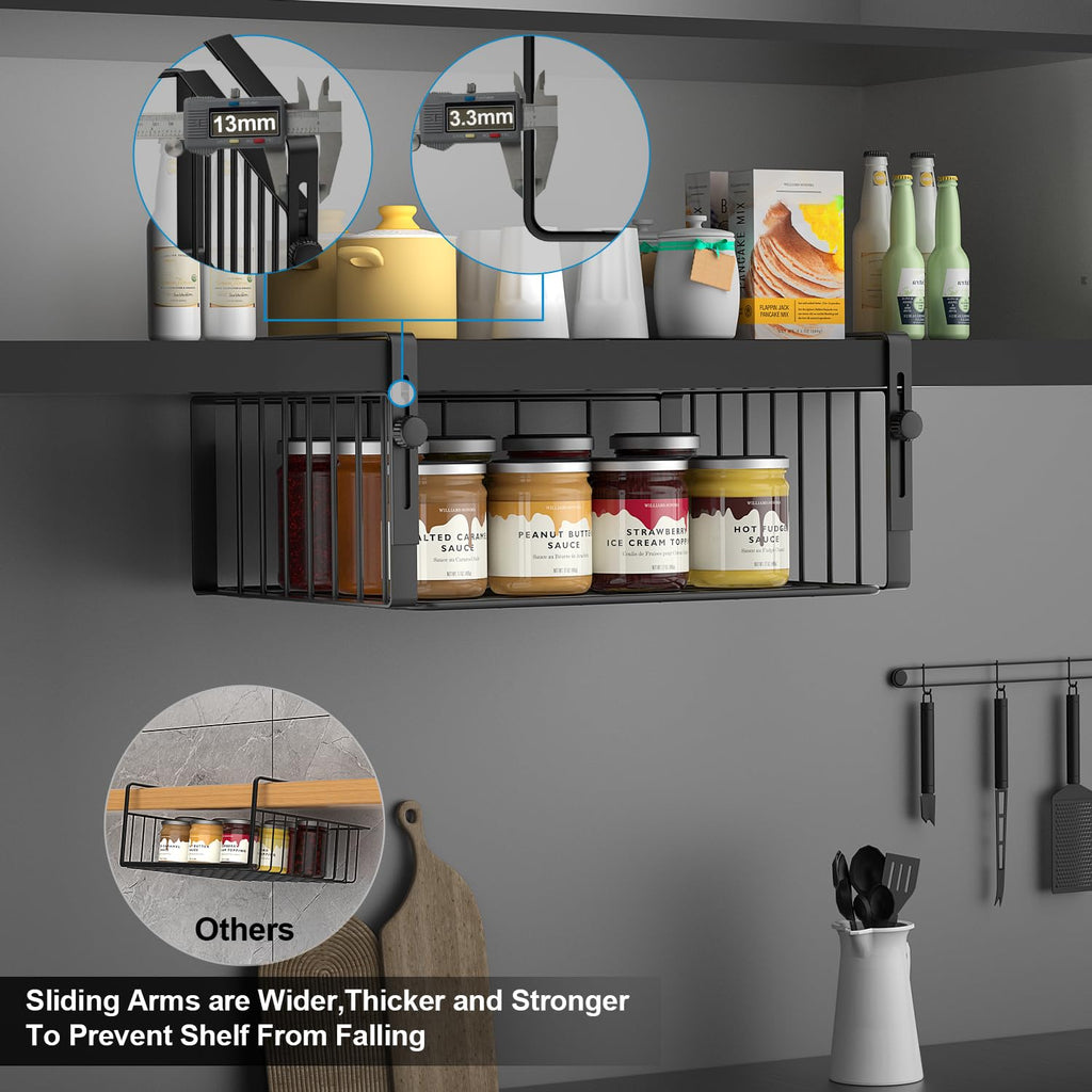 AmonHouseware 2Pack Under Shelf Basket Organizer,Adjustable Hanging Holder Storage for Cabinet Pantry Kitchen Cupboard Desk Counter Bookshelf Organization Add-on Space Saver Heavy Duty Slide-in,Black