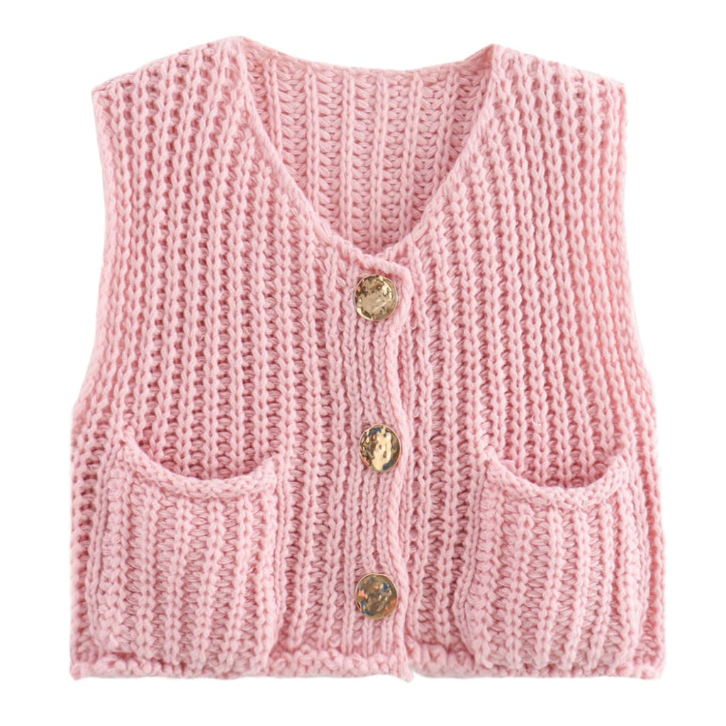 KEOMUD Women's Sleeveless Cropped Knit Cardigan Casual Button Down Crochet Sweater Vest Tops with Pockets