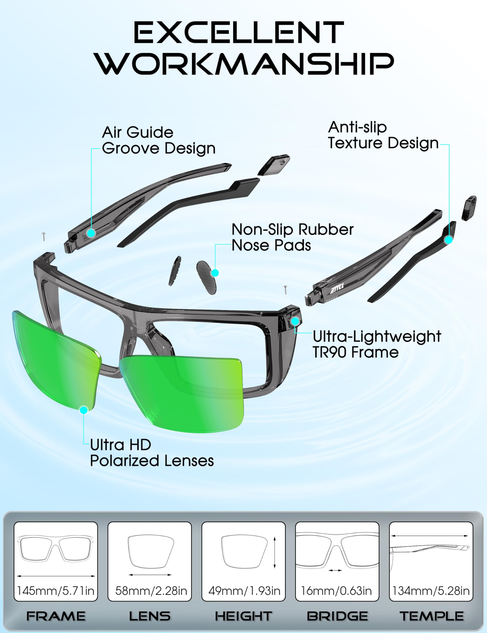 ATTCL Sports Polarized Sunglasses for Men: Secure Anti-Slip Lightweight TR90 Square Frame UV Protection for Driving Fishing