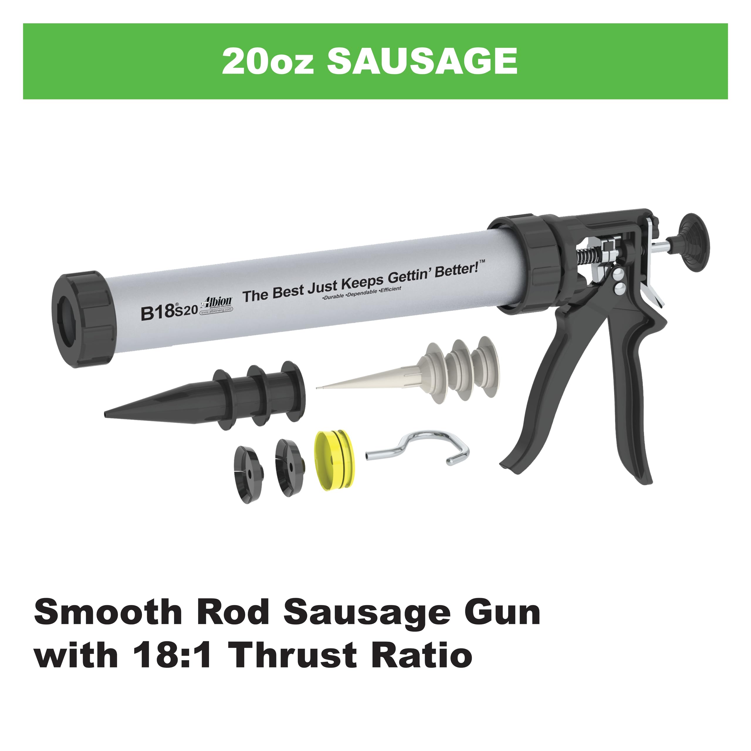Albion Engineering E12S20 B-Line Cordless Sausage Caulking Gun, No Drip, 12V, 20 oz