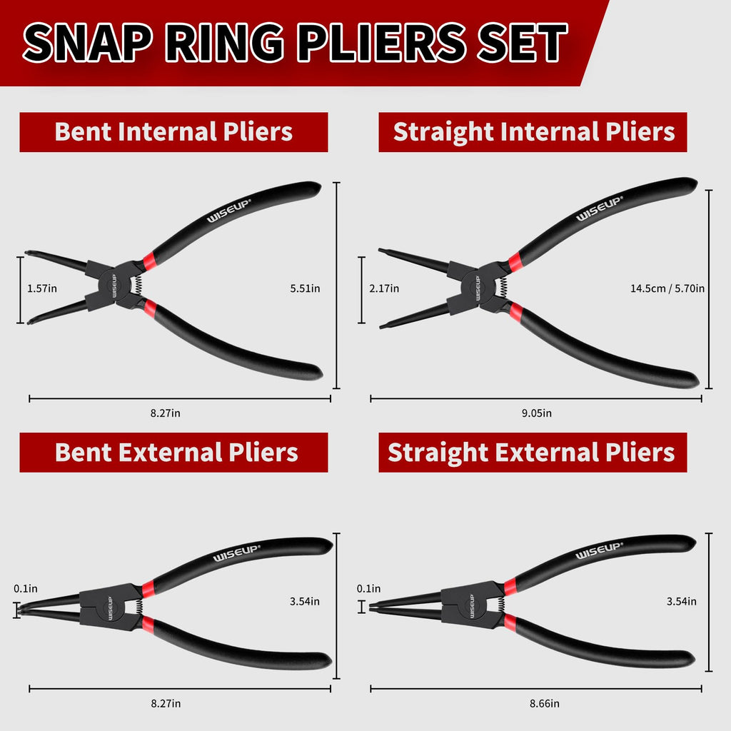 WISEUP Snap Ring Pliers Set, Heavy Duty 4PCS-7 inch Internal/External Circlip Pliers Kit, Straight/Bent Jaw Tips for C-Clip Ring Remover
