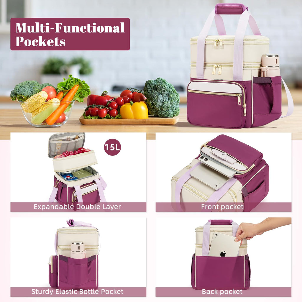 holuxer Insulated Lunch Bag & Lunch Box for Men - Double Deck Reusable Lunch Bag for Women Tote Cooler Bag Leakproof Soft Expandable - Large Lunchbox for Work/Adult/Picnic/Outdoor (Black，15L)