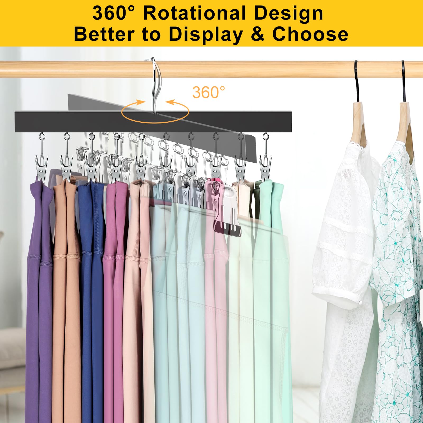 Legging Organizer for Closet, Pants Hangers with Clips Holds 20 Leggings, Jeans, Hats, Shorts, Socks, 360° Rotating Space Saving Hanging Lightweight Garment Hanger Storage 2Pcs