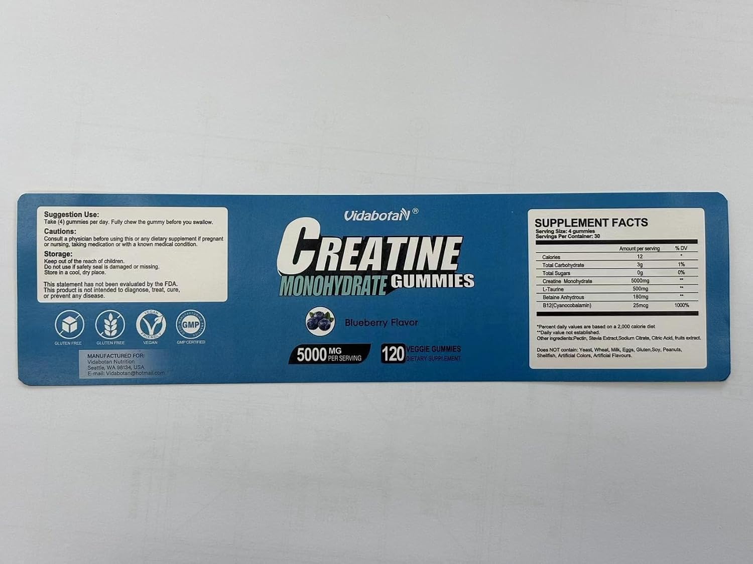 vidabotan Creatine Monohydrate Gummies for Men & Women-5g of Creatine Monohydrate per Serving- Increase Strength and Build Muscle,Sugar Free,Vegan,Blueberry Flavor, 120 Count,B571