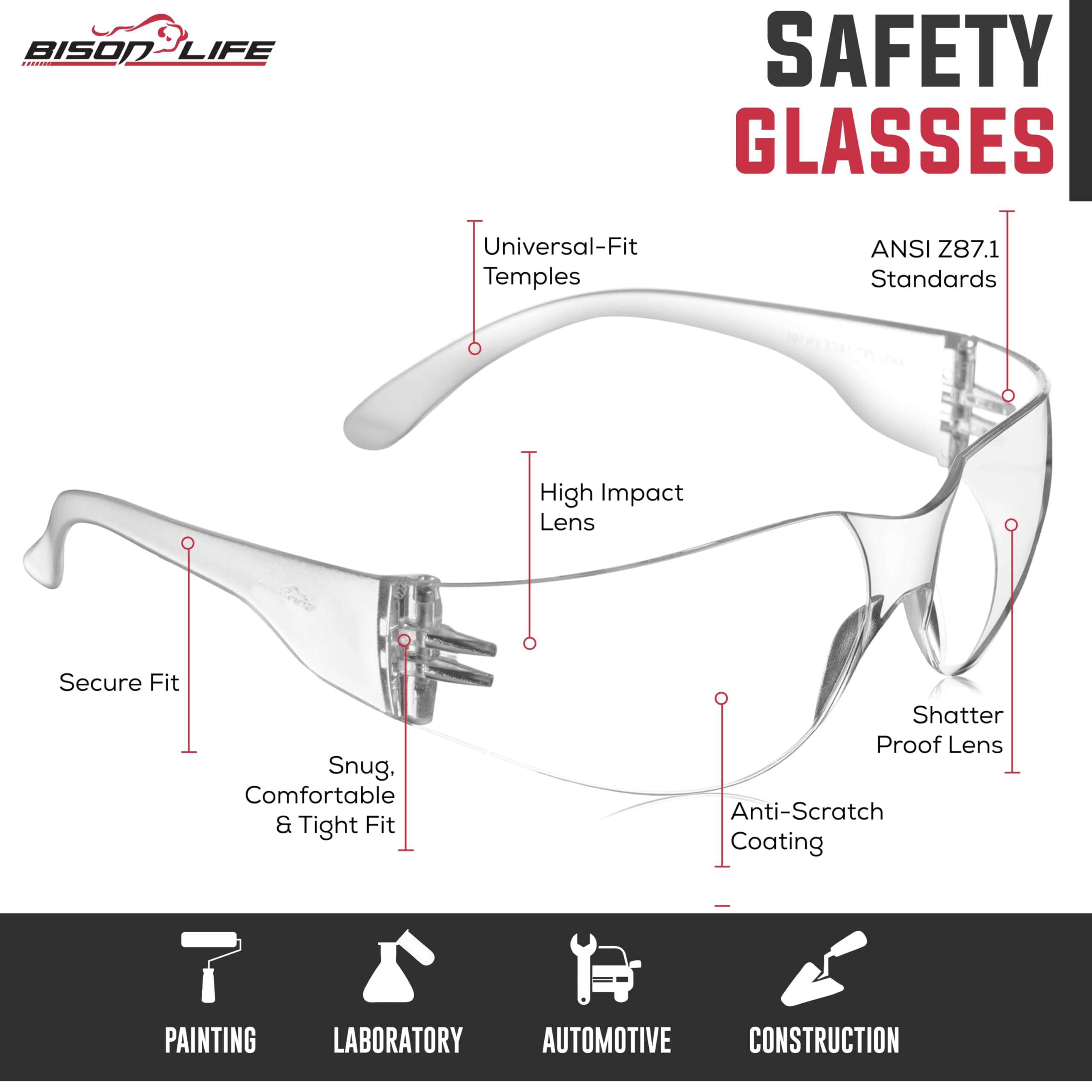 BISON LIFE Clear Safety Glasses – ANSI Z87.1 Certified Scratch & Impact Resistant Eye Protection Goggles for Men & Women