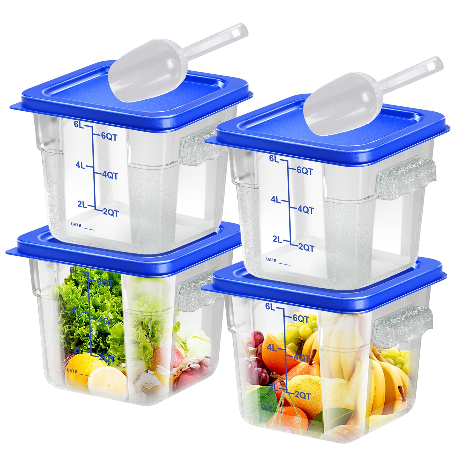 6 pcs 2qt Food Storage Containers with Lid, Square Clear Commercial Storage Containers with Handle and Scale for Food Storage in Home Kitchen & Dining (Green)