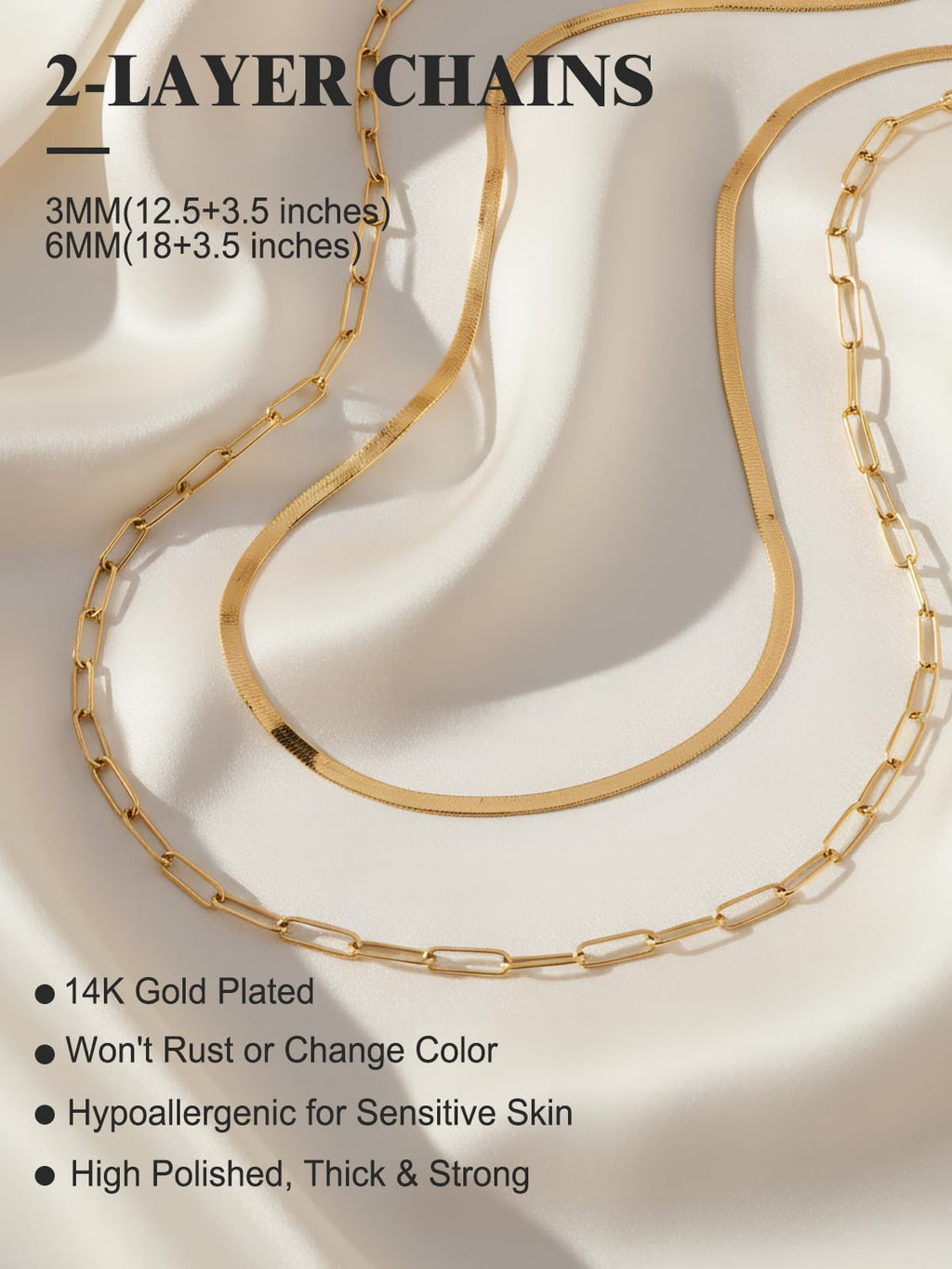 FOCALOOK 14K Gold Plated Necklaces for Women, Fashion Herringbone Choker Necklace Stainless Steel Flat Snake Chain 3/5MM(W) 12.5"/15"/18"+3.5"(L)