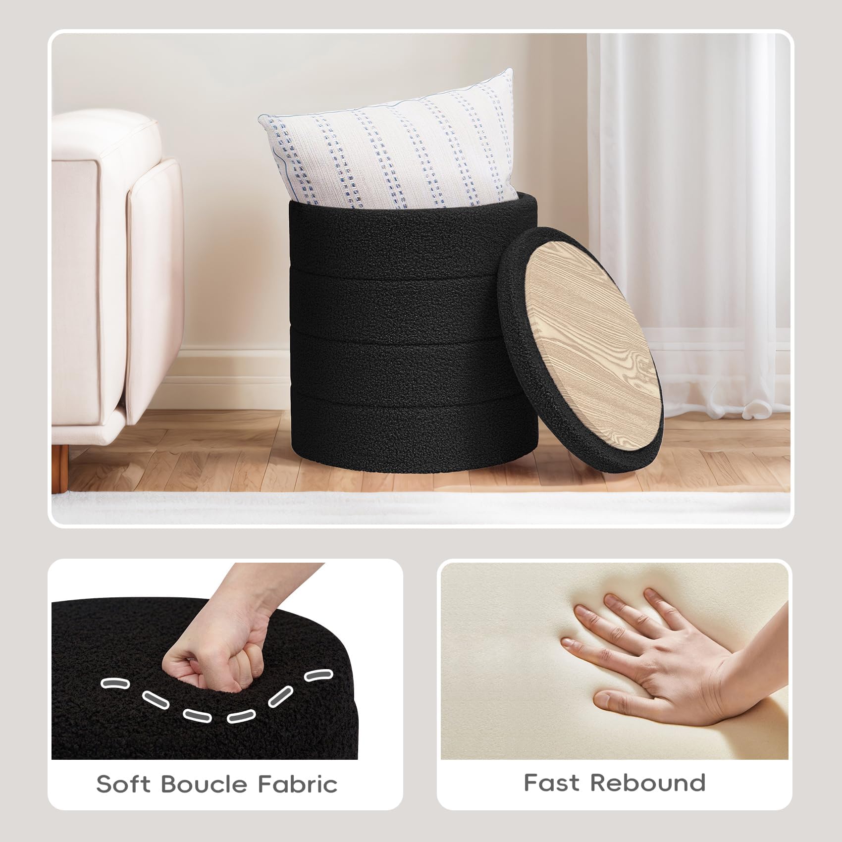 PINPLUS Round Storage Ottoman Foot Rest Stool with Tray Velvet Sherpa Folding Storage Ottoman,Boucle Foot Rest for Living Room, Bedroom, Dorm（Beige）
