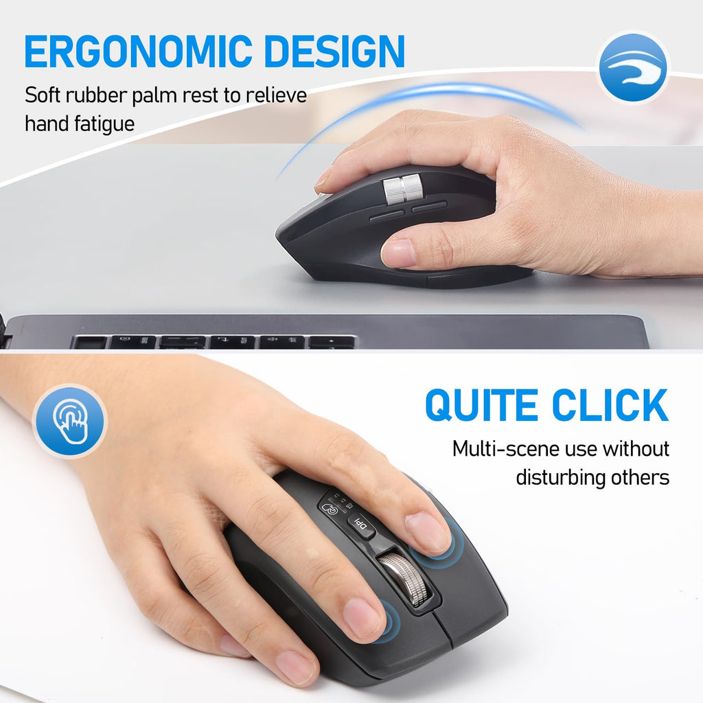 INFINMIND Wireless Bluetooth Side Scroll Mouse with Multi-Device, Ergonomic Computer Mice with Smart Flying Scroll, Quiet Click 4-Level DPI for Computer, Laptop, iPad, Tablet, MacBook (Black)