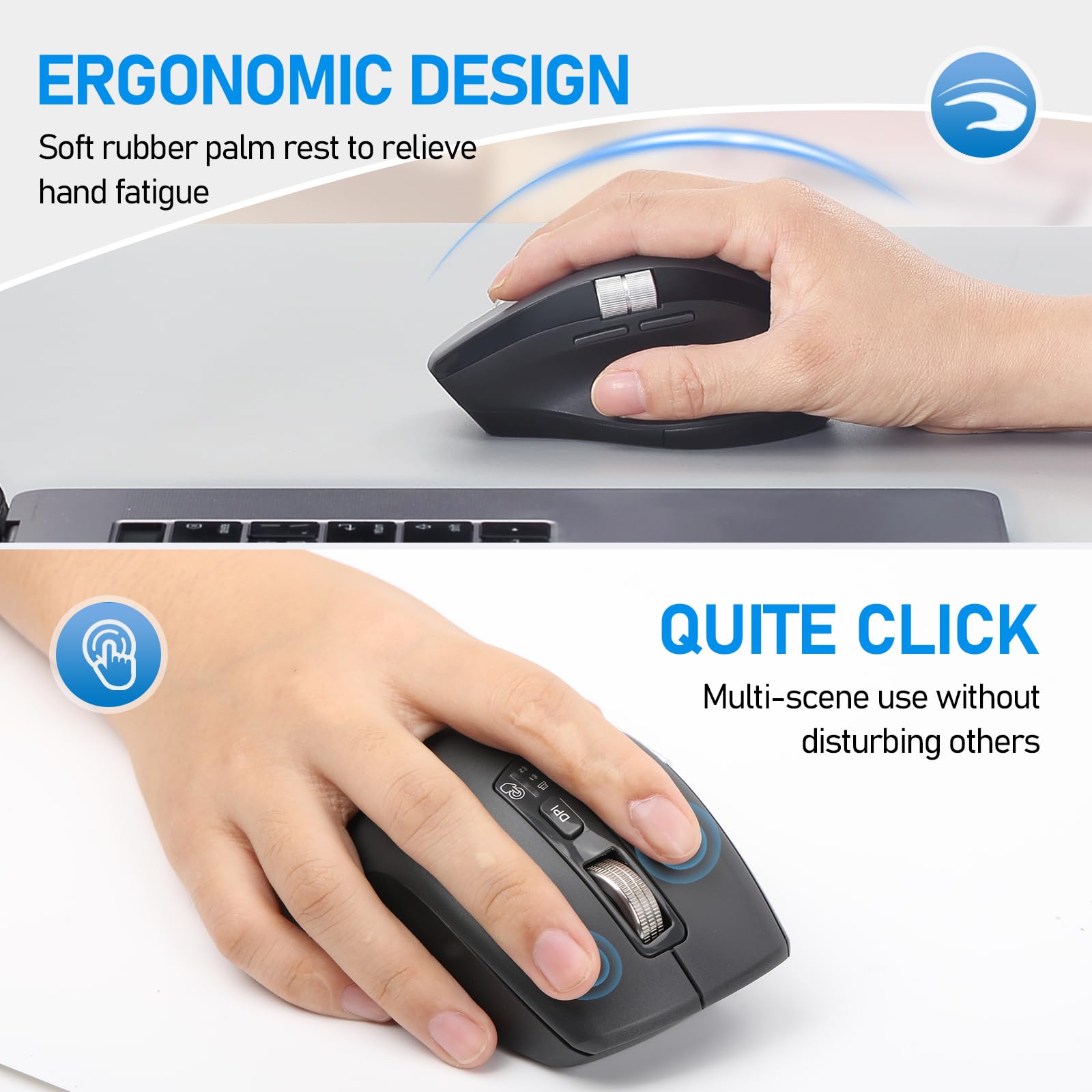 INFINMIND Wireless Bluetooth Side Scroll Mouse with Multi-Device, Ergonomic Computer Mice with Smart Flying Scroll, Quiet Click 4-Level DPI for Computer, Laptop, iPad, Tablet, MacBook (Black)