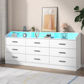 Gyfimoie 9 Drawers Dresser for Bedroom with Power Outlet, Chest of Drawers with LED Light, Modern Dressers with Open Storage Cubby, Triple Wide Dressers Organizer for Living Room (Black-)