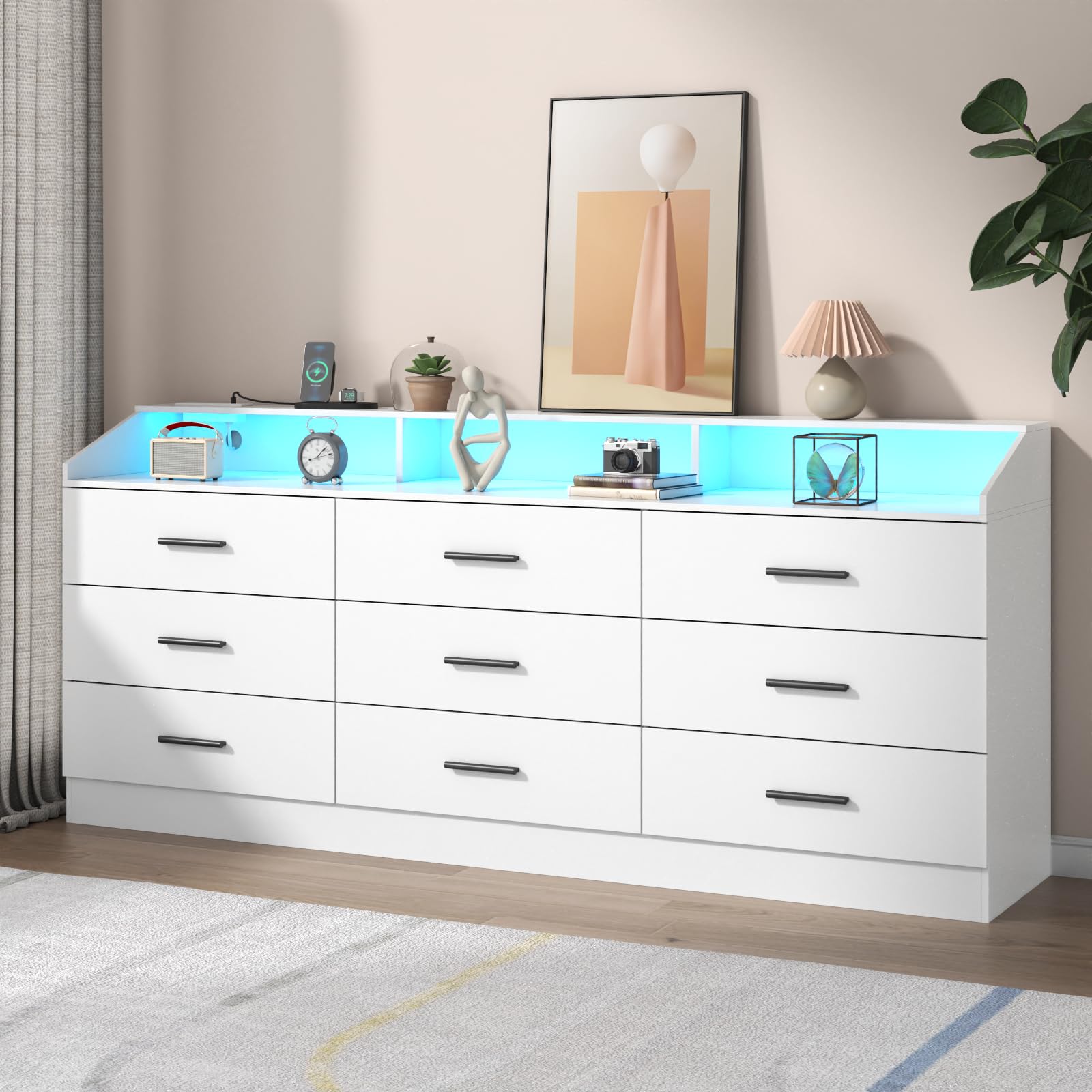 Gyfimoie 9 Drawers Dresser for Bedroom with Power Outlet, Chest of Drawers with LED Light, Modern Dressers with Open Storage Cubby, Triple Wide Dressers Organizer for Living Room (Black-)