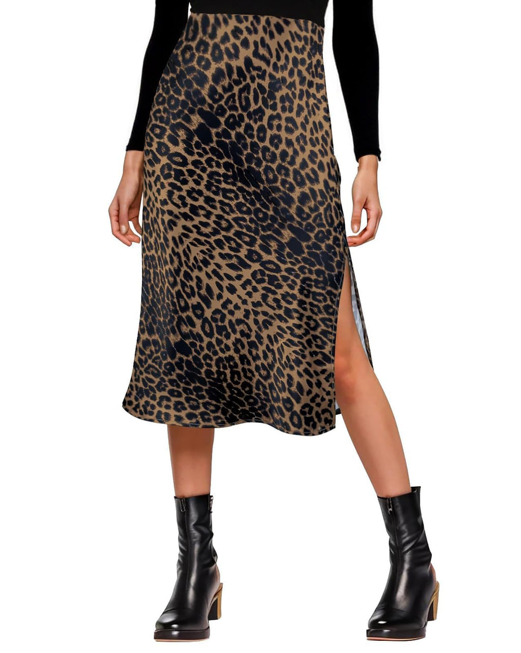 Amy Babe Womens Satin Silk High Waist Slit Midi Skirt Elastic Waistband Midi Skirts for Women