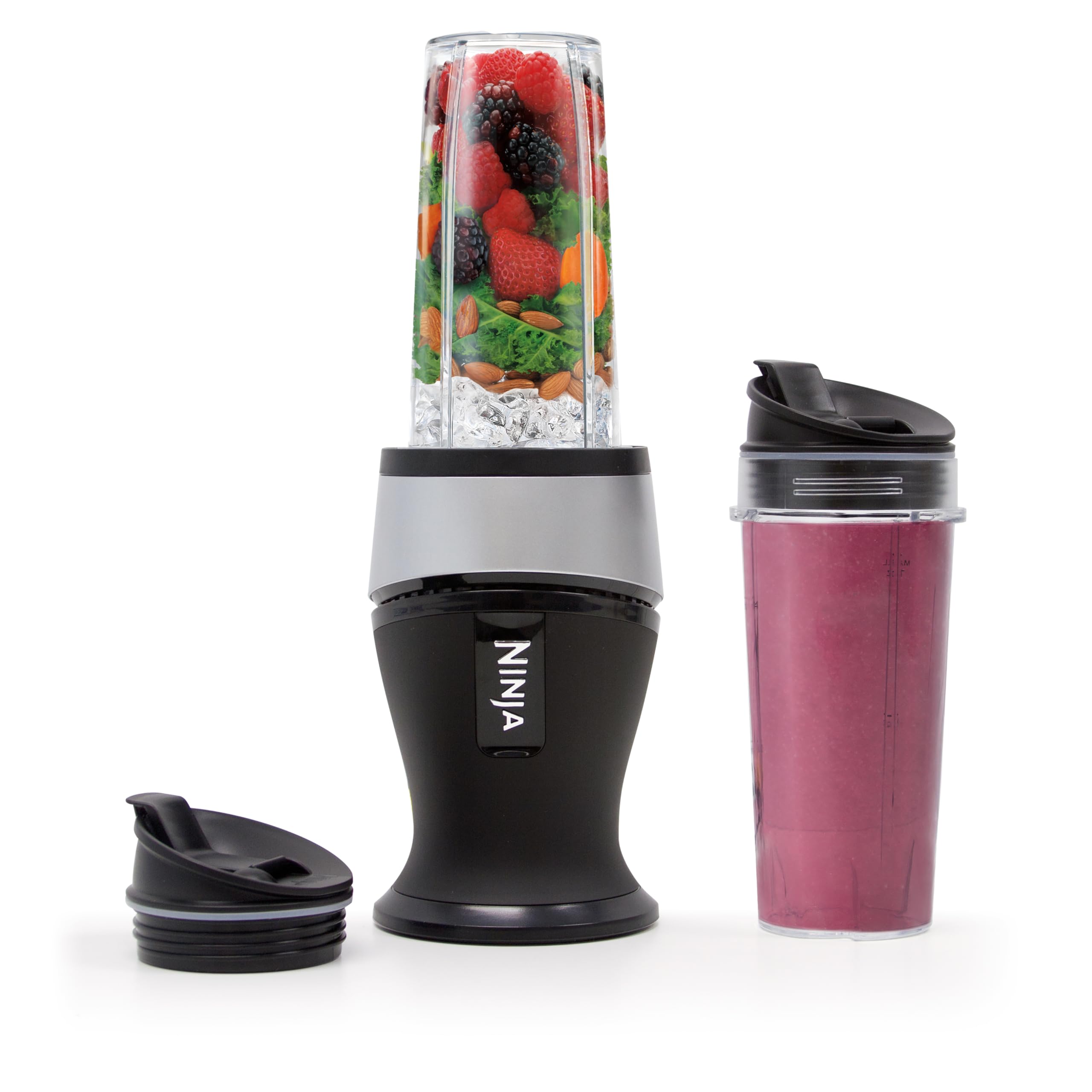 Ninja Nutri-Plus Personal Blender | Compact Push to Blend | Make Frozen Drinks, Smoothies, Sauces & More | With (3) 20 oz. To-Go Cups, (2) Spout-Lids & (1) Storage-Lid | 900 Peak Watt | Silver | BN301